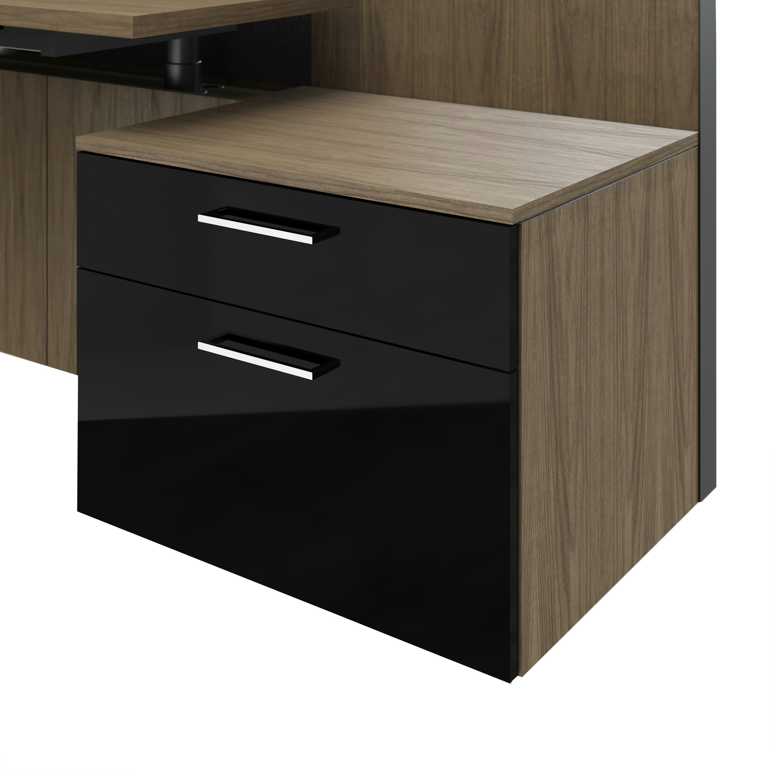 Detail shot of the Geiger One Casegoods storage with a Natural Flat Cut Walnut case and black high gloss acrylic fronts.