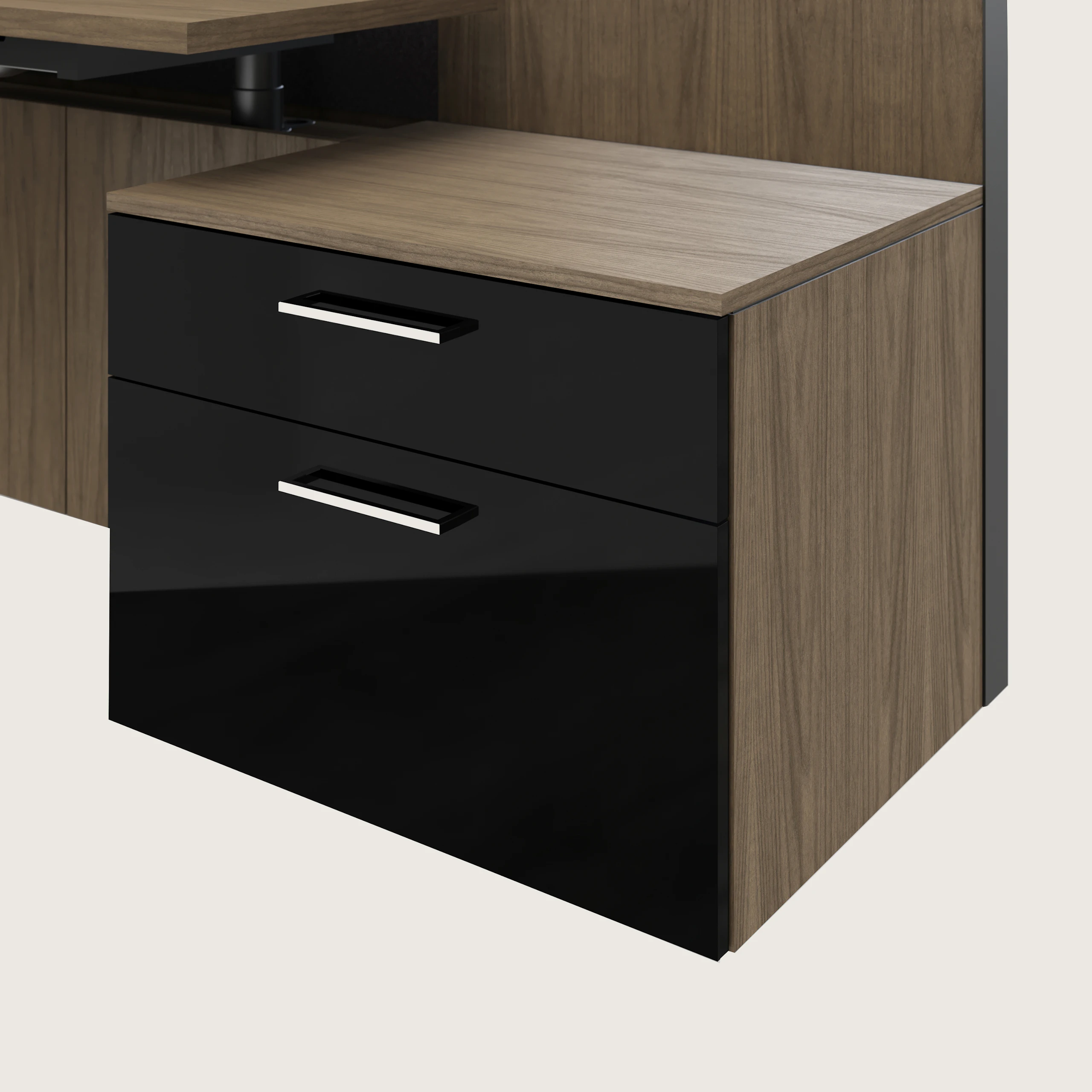 Detail shot of the Geiger One Casegoods storage with a Natural Flat Cut Walnut case and black high gloss acrylic fronts.