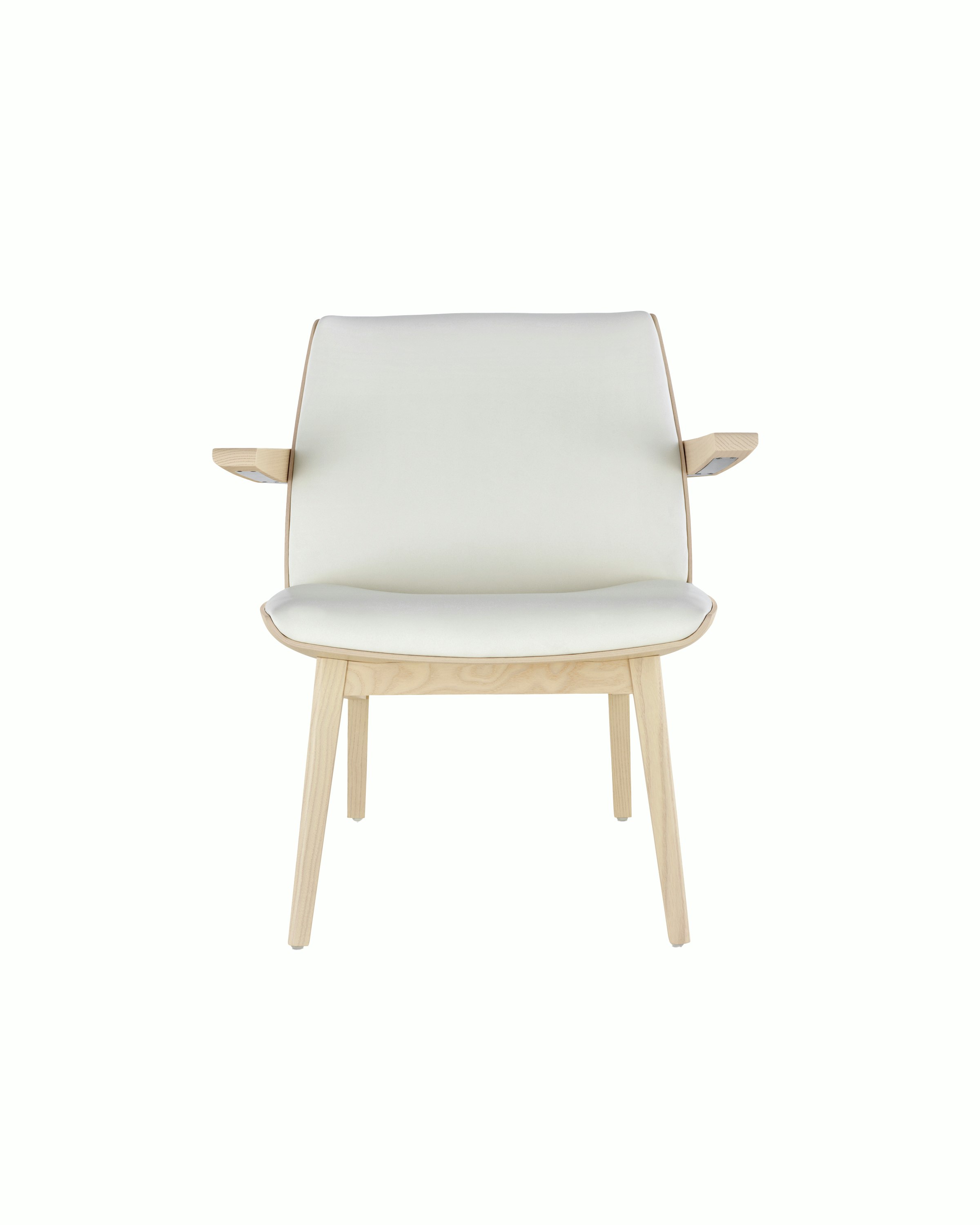 Front view of a low-back Clamshell Lounge Chair with off-white fabric upholstery and light-ash legs.