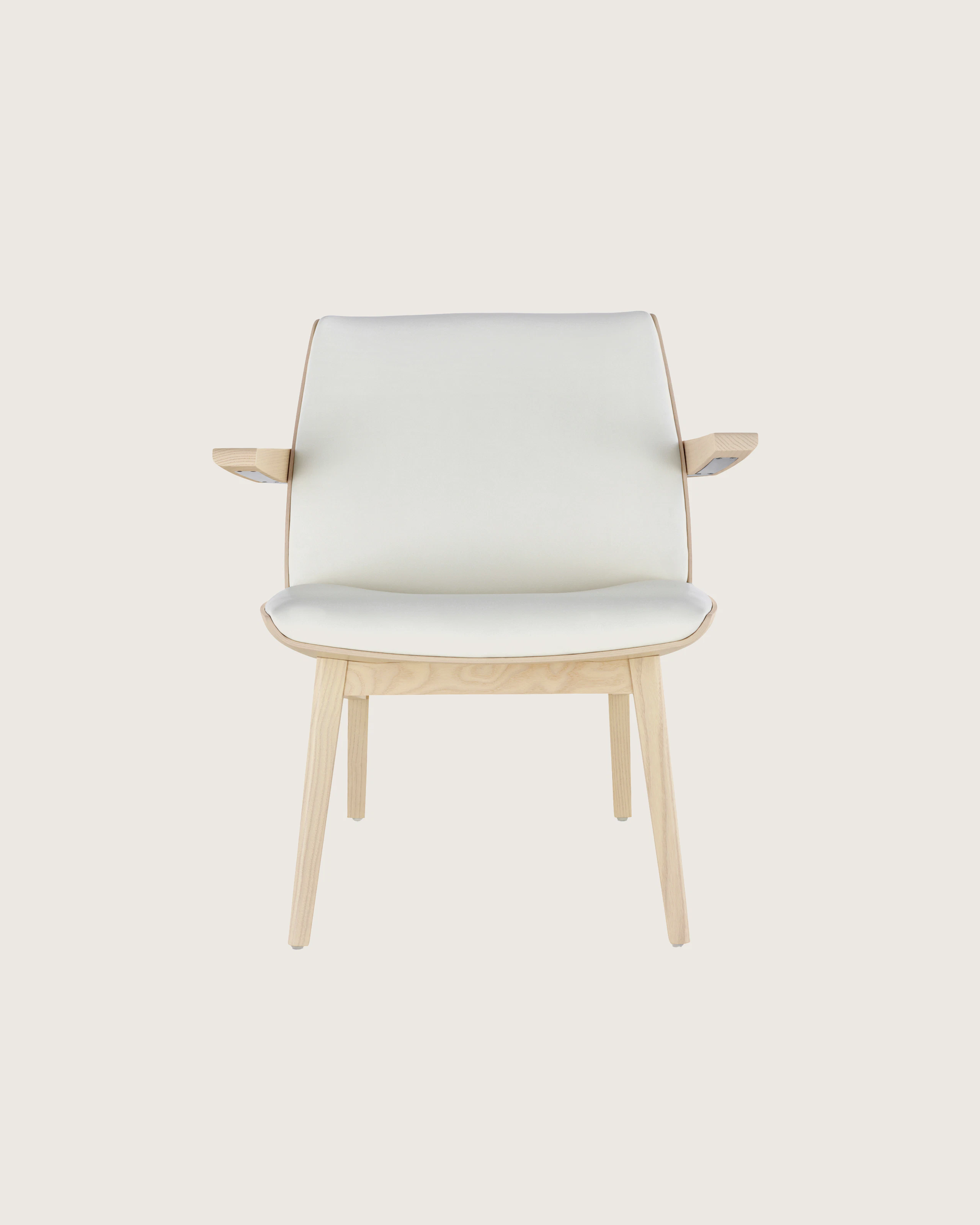 Front view of a low-back Clamshell Lounge Chair with off-white fabric upholstery and light-ash legs.