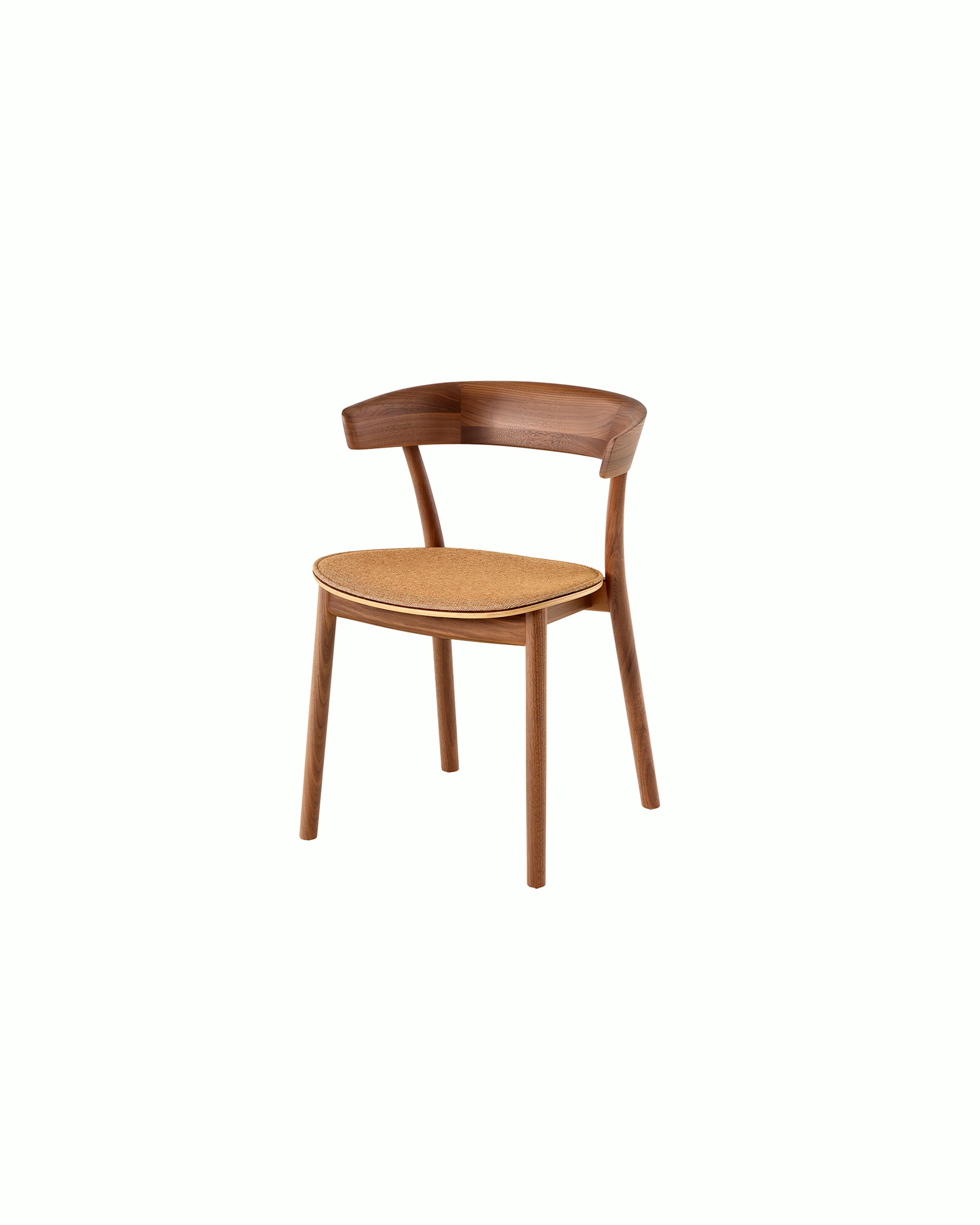 A Leeway Chair with a Walnut frame, featuring a copper colored upholstered seat, viewed from a three-quarter perspective.