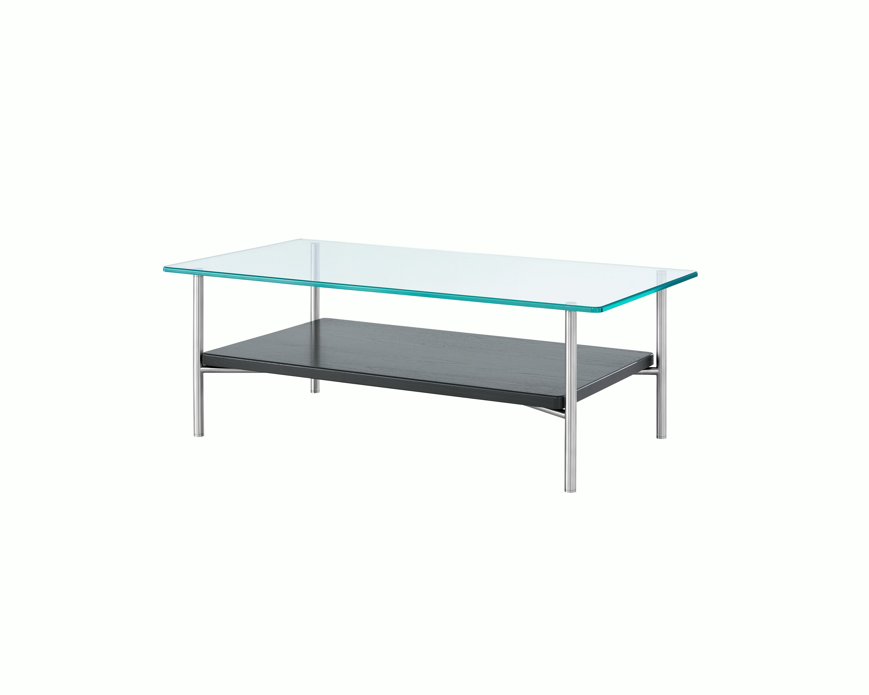 A rectangular Layer coffee table with a glass top and black lower shelf, viewed from an angle.