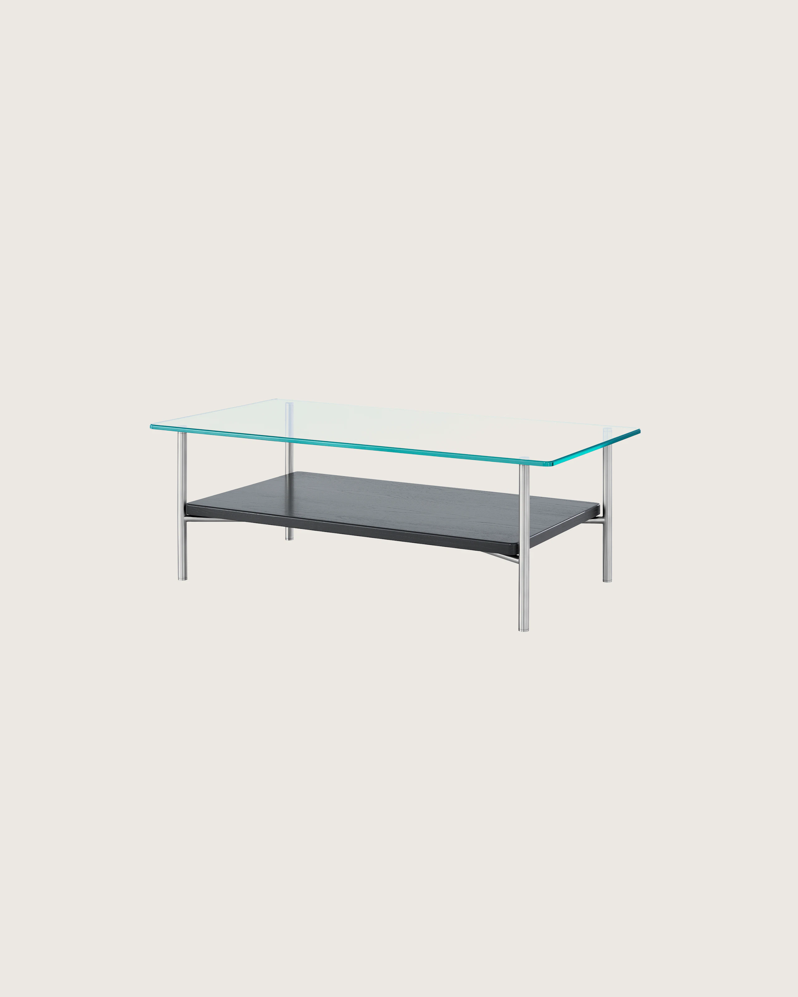 A rectangular Layer coffee table with a glass top and black lower shelf, viewed from an angle.
