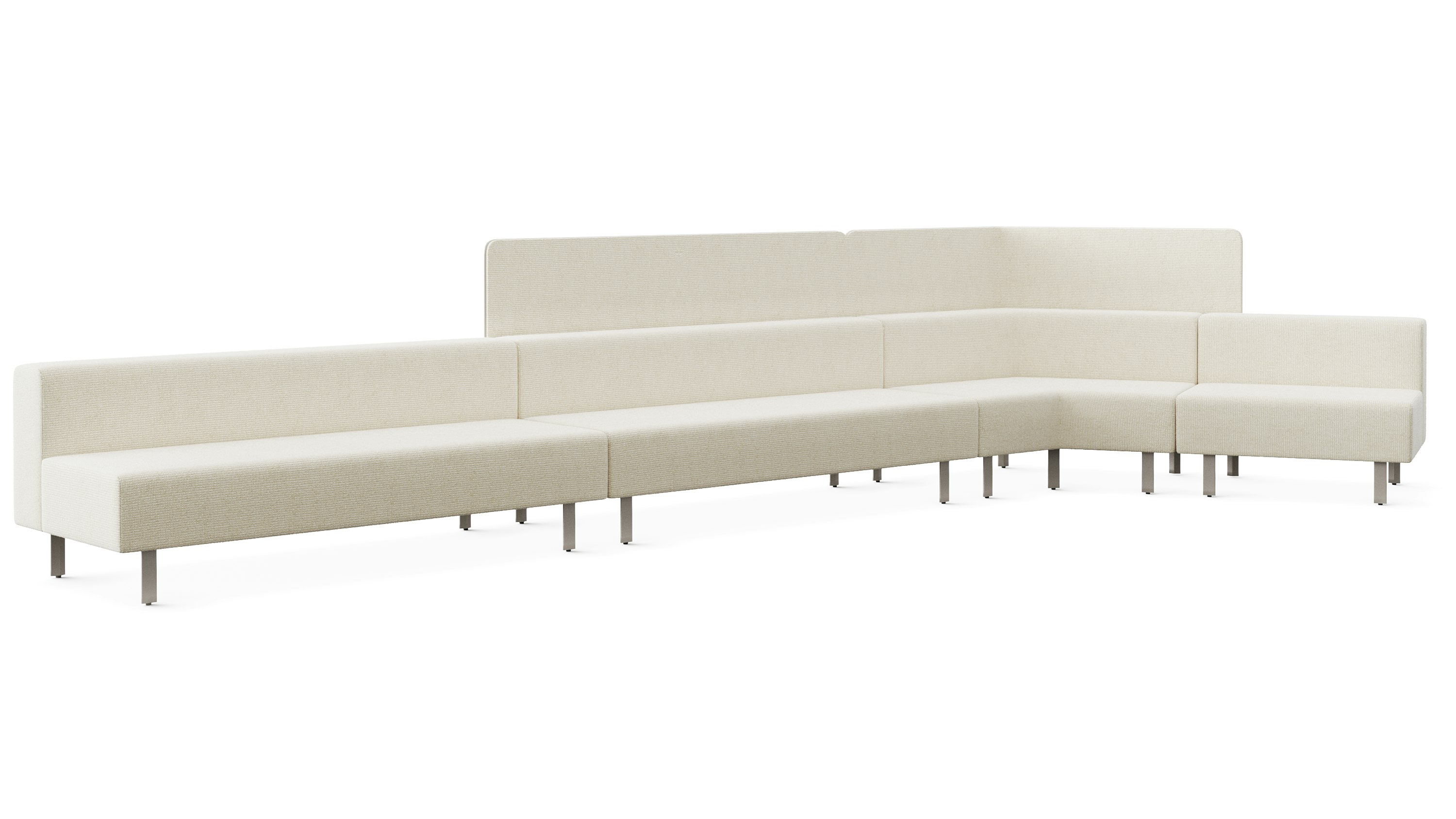 A large lounge bench is shown in a light upholstery. The bench has back and a 120 degree corner piece. There is a privacy screen attached to the back of the bench.
