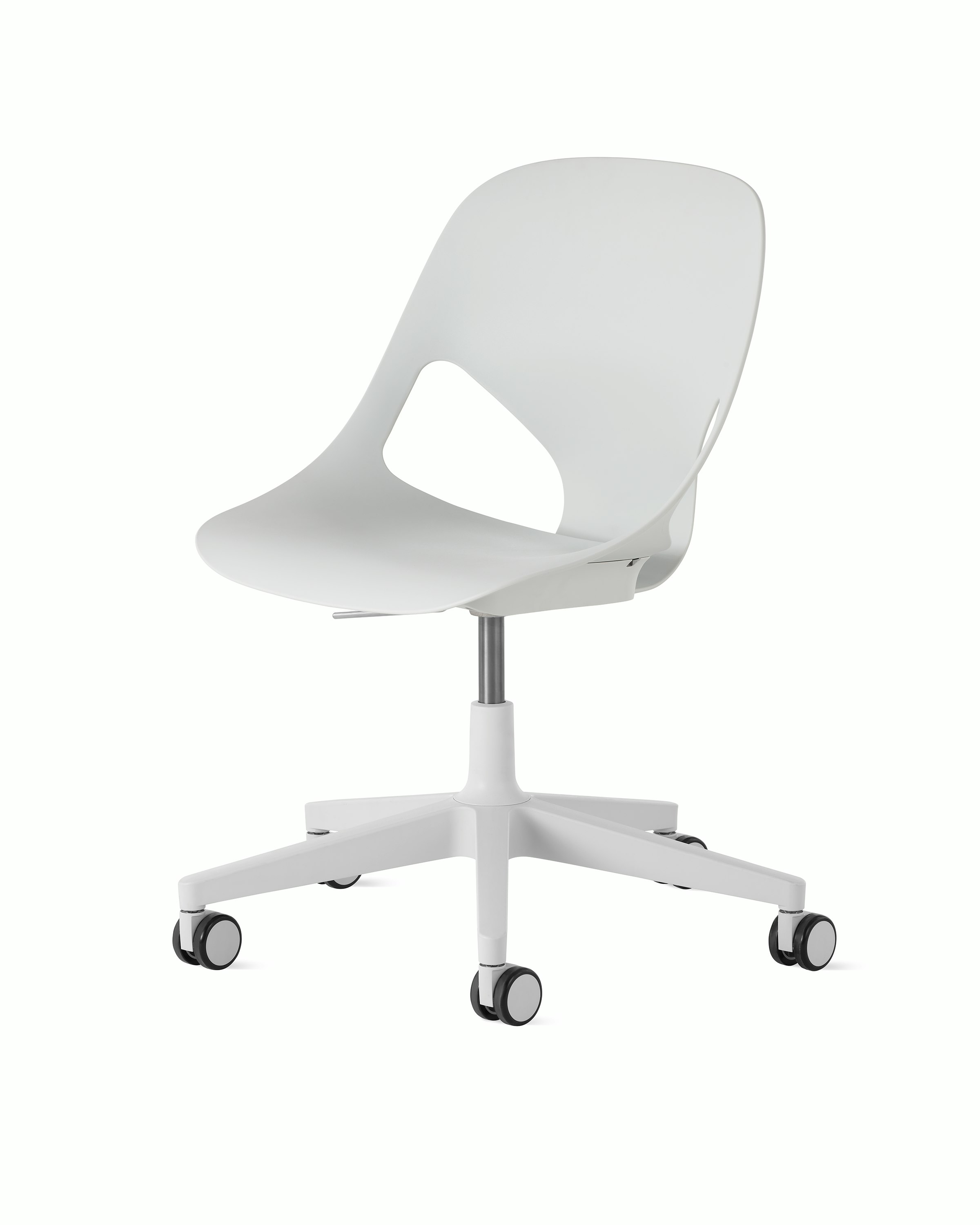 Front angle view of a Zeph chair with no arms in light grey.