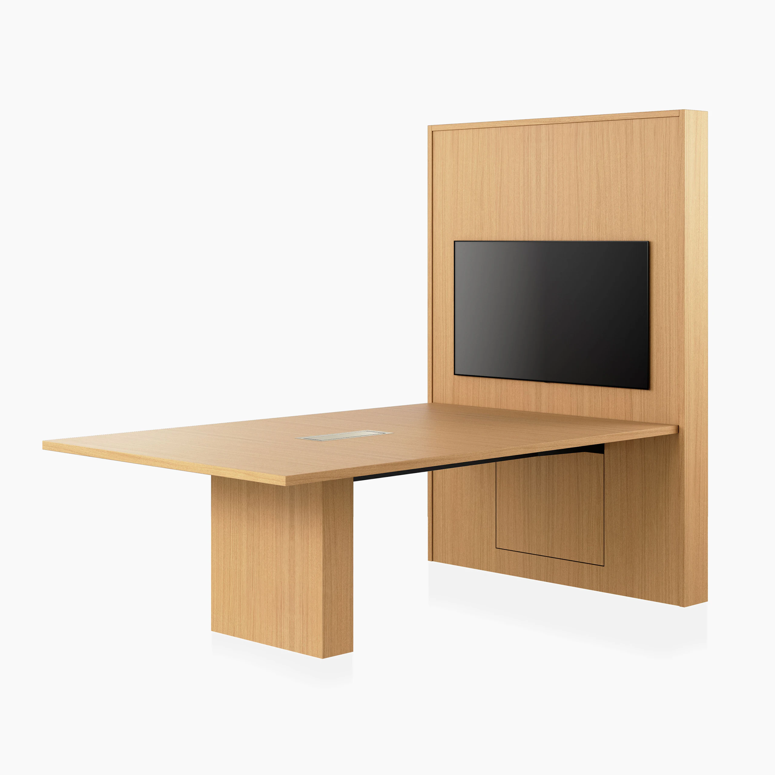 JD Media Table and Wall in Natural Rift Cut Oak with a 1 and a 1/4 inch thick top viewed from a 45 degree angle.