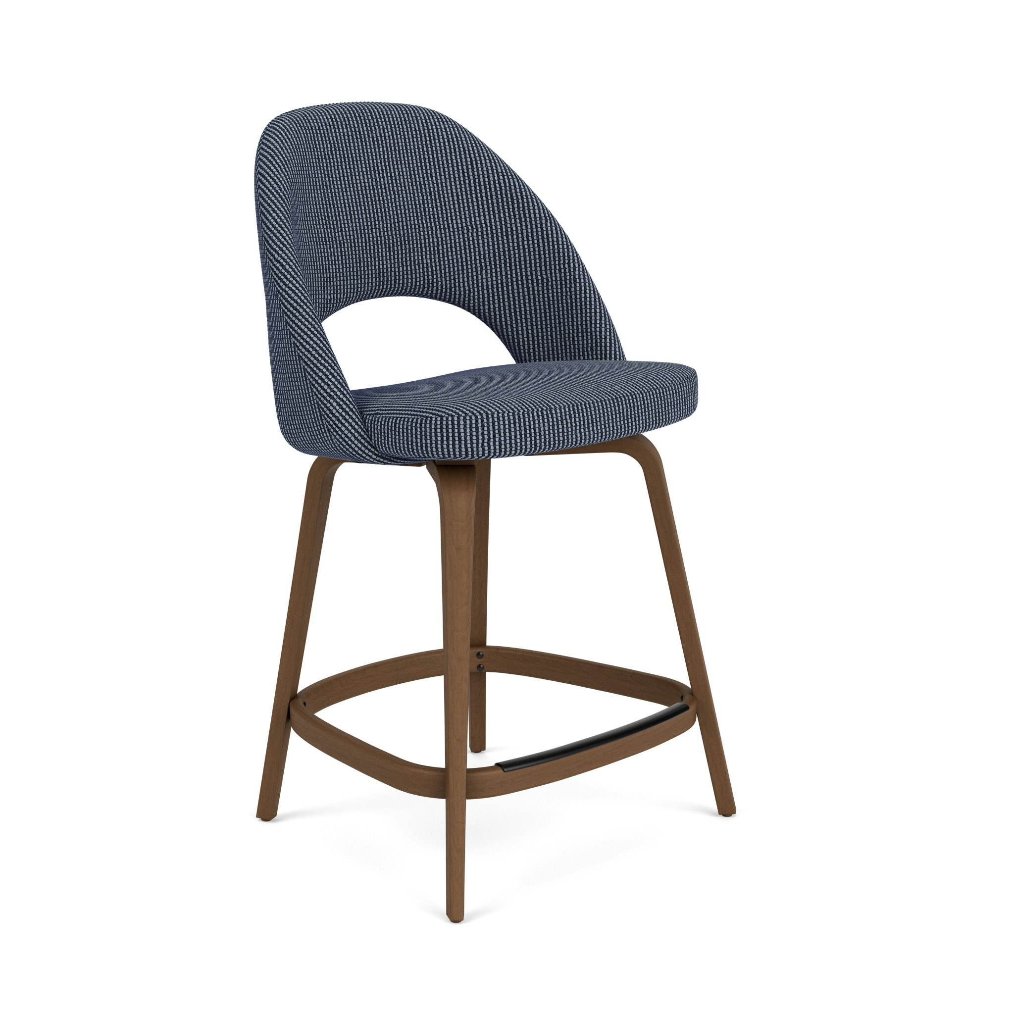 A Saarinen Executive Stool in Cato: Midnight with a Light Walnut base viewed from an angle.