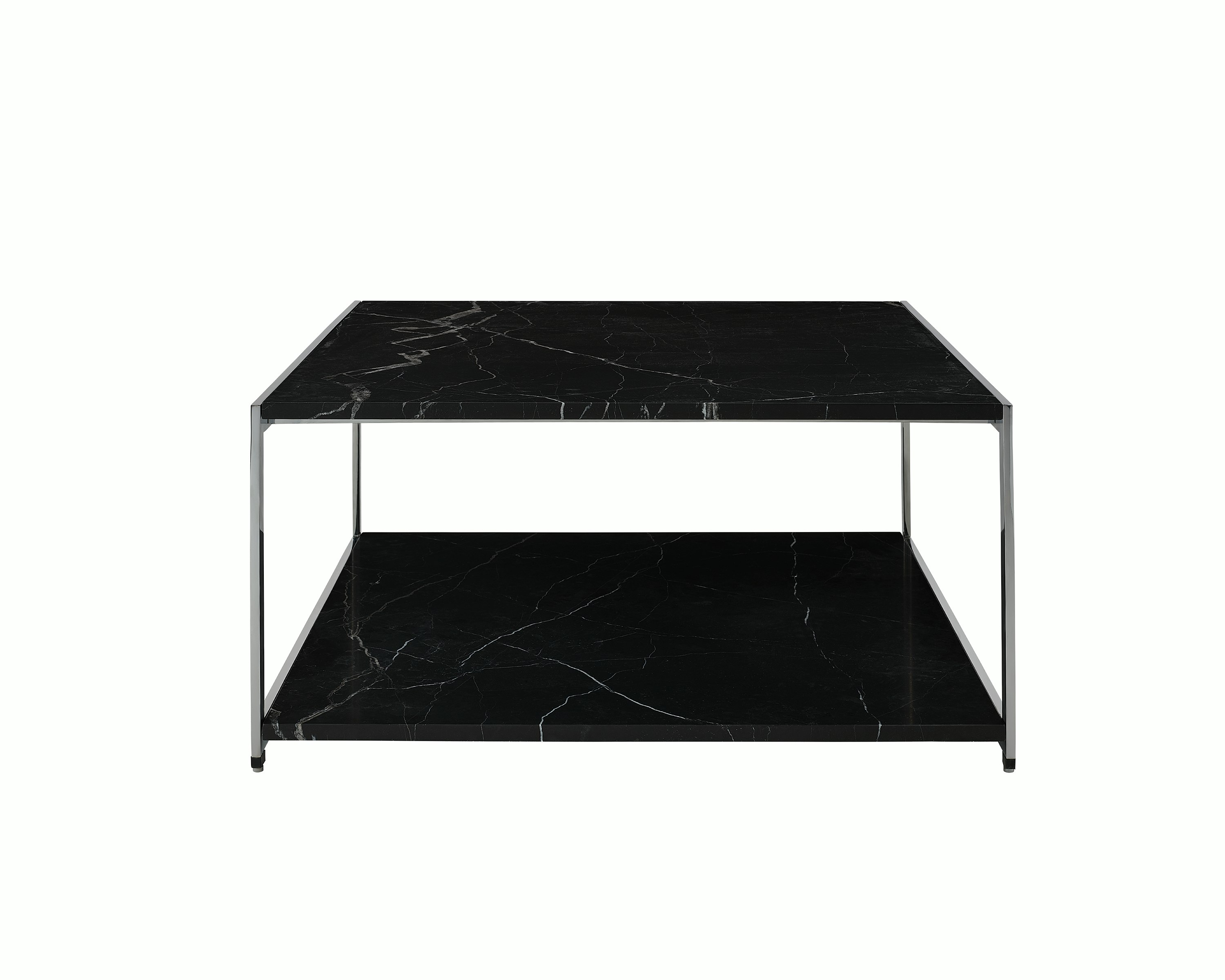 H Frame Coffee Table designed by Ward Bennett with a Nero Marquina Marble top and bottom and a polished chrome frame, shown front-facing on a white sweep.