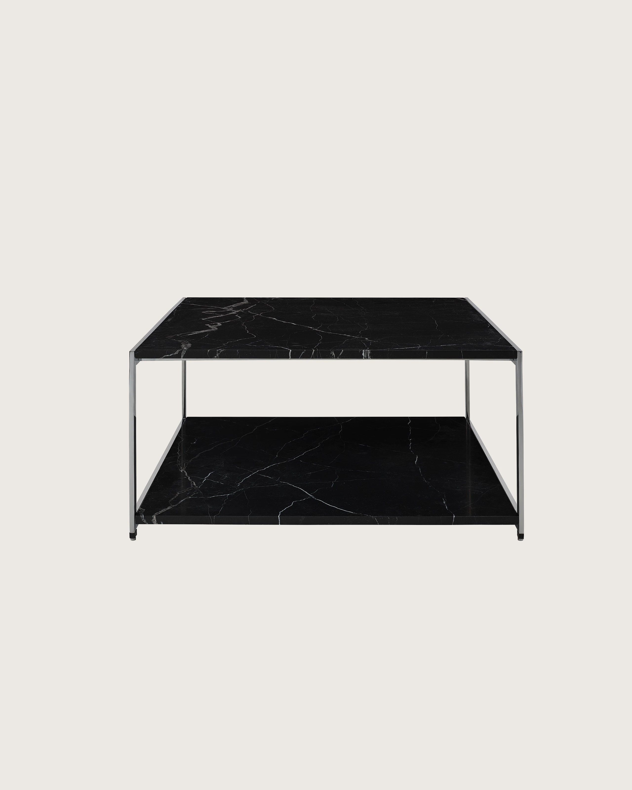 H Frame Coffee Table designed by Ward Bennett with a Nero Marquina Marble top and bottom and a polished chrome frame, shown front-facing on a white sweep.