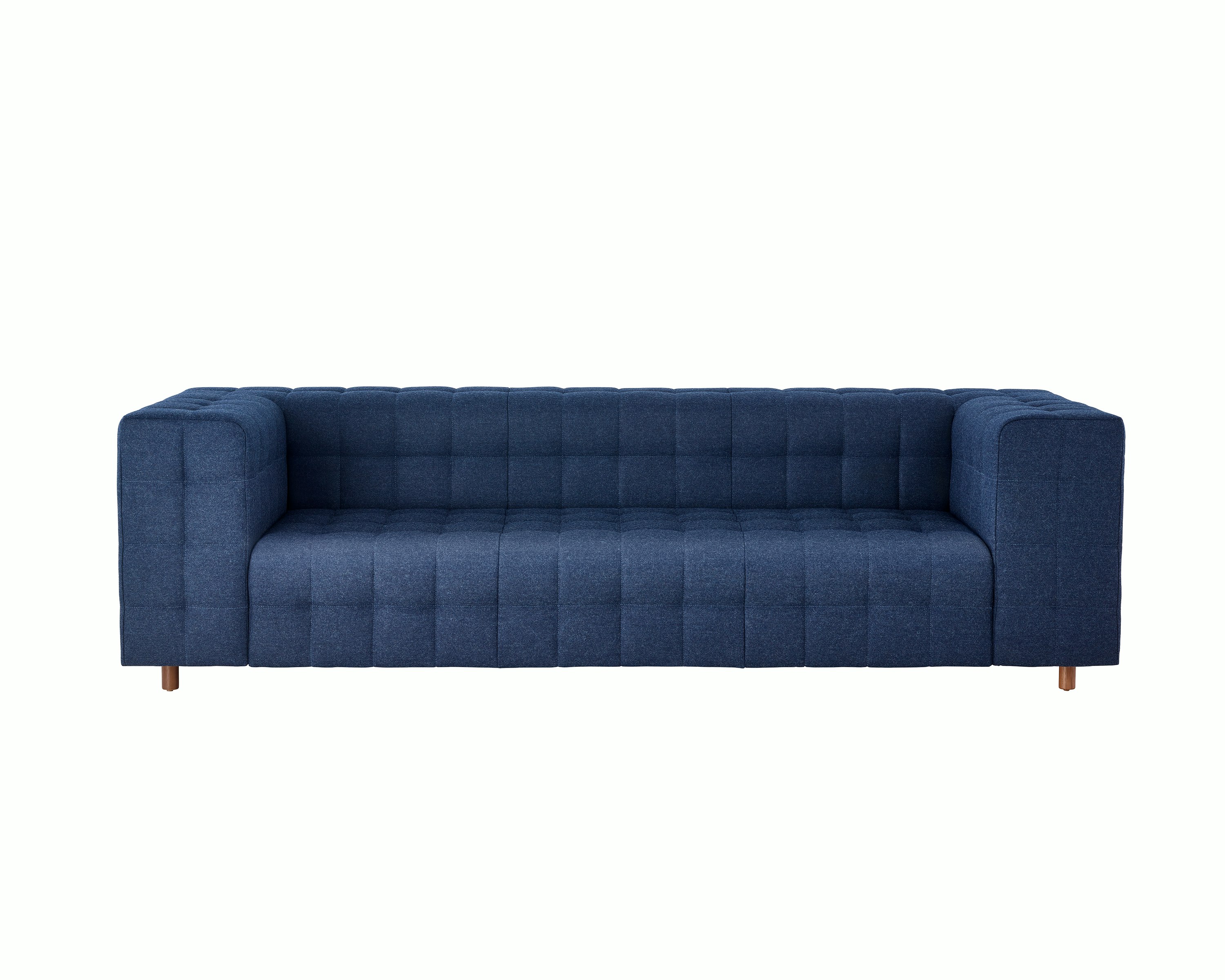 A three-seat Rapport Sofa in a deep navy colored textile, viewed from the front.