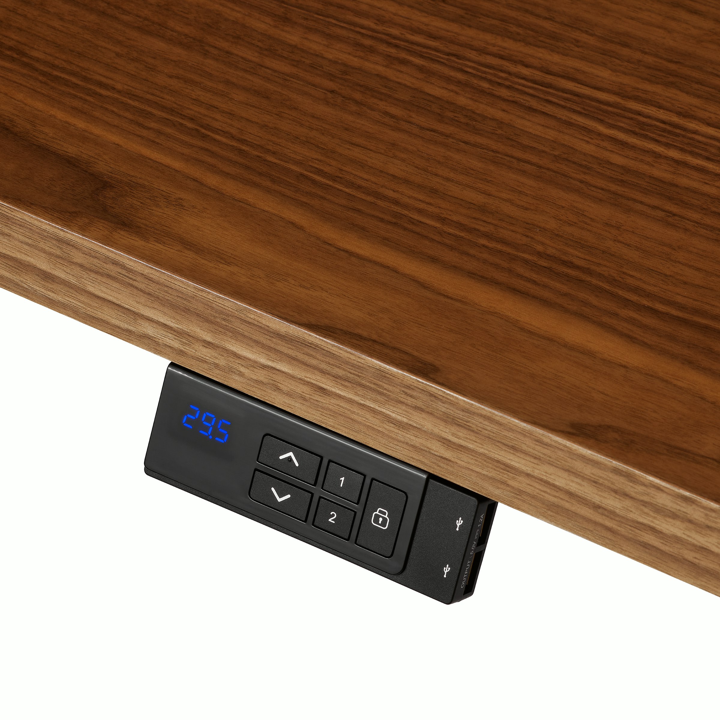 Detail shot of a Geiger One Casegoods sit-to-stand desk's height adjustable controller viewed from an angle.