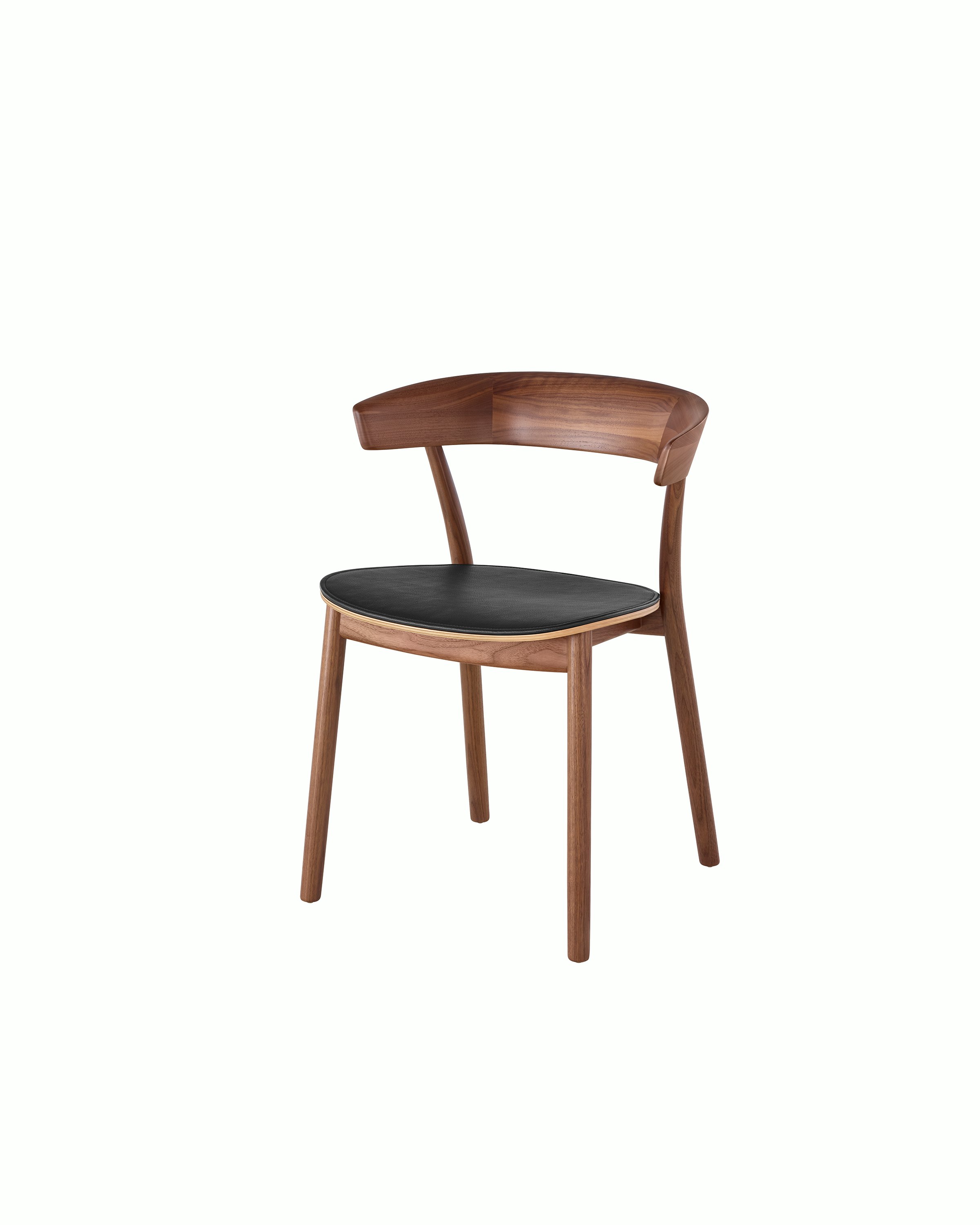 Angled view of a Leeway side chair with a wood frame and backrest in a medium finish and a seat upholstered in black leather.