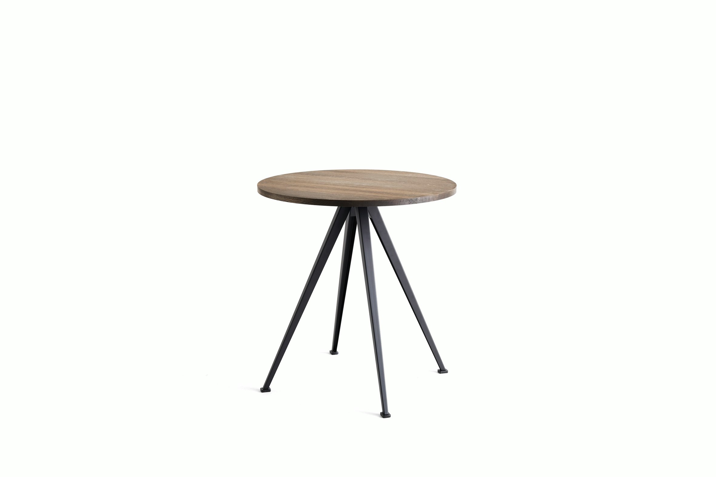 A front view of the Pyramid Cafe Table- round with Smoked Oak top and black frame.