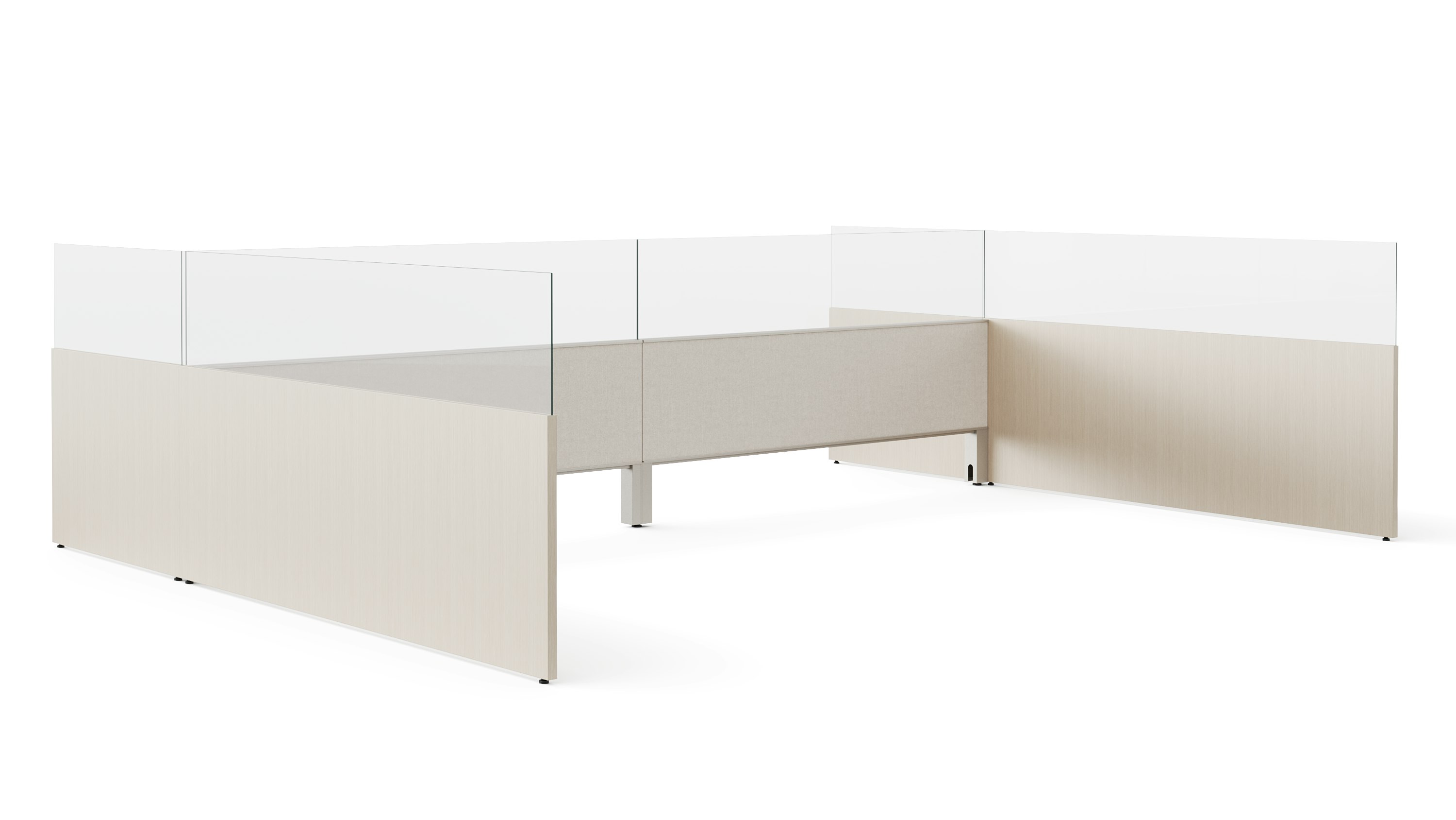 System panels are shown from an angle with light color finishes and glass add ups on top of the frames.