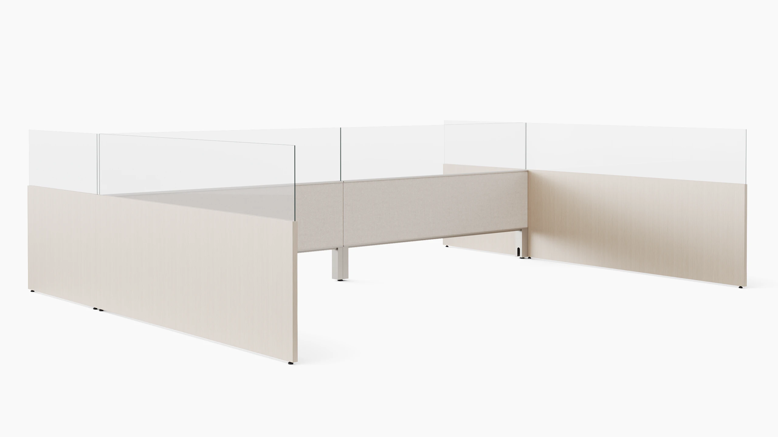 System panels are shown from an angle with light color finishes and glass add ups on top of the frames.