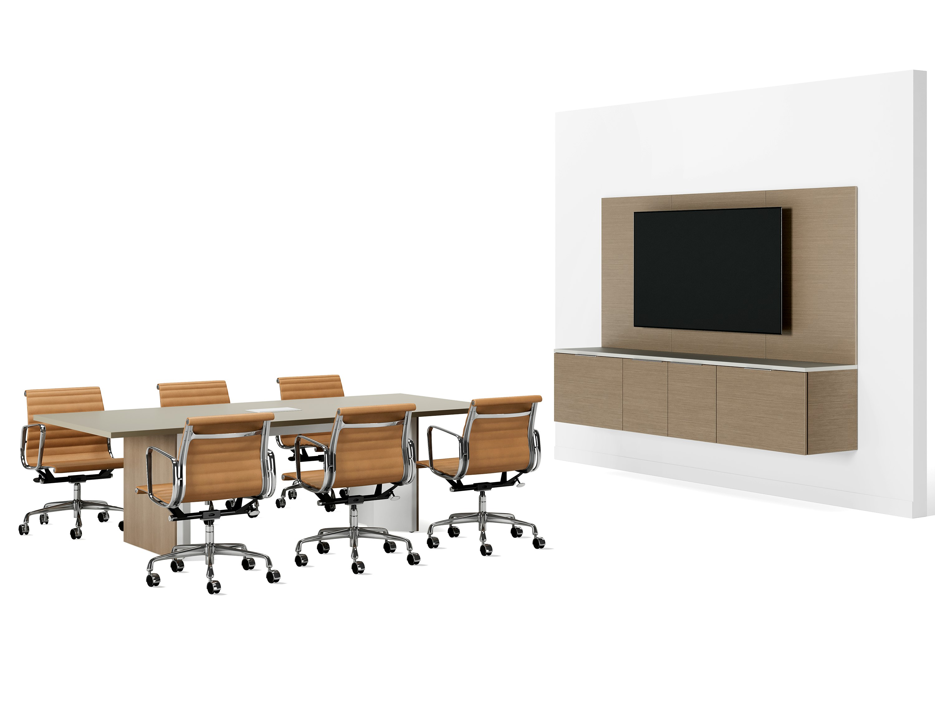 Mora System in a conference room paired with Headway Conference Table and Eames Aluminum Group Chairs.