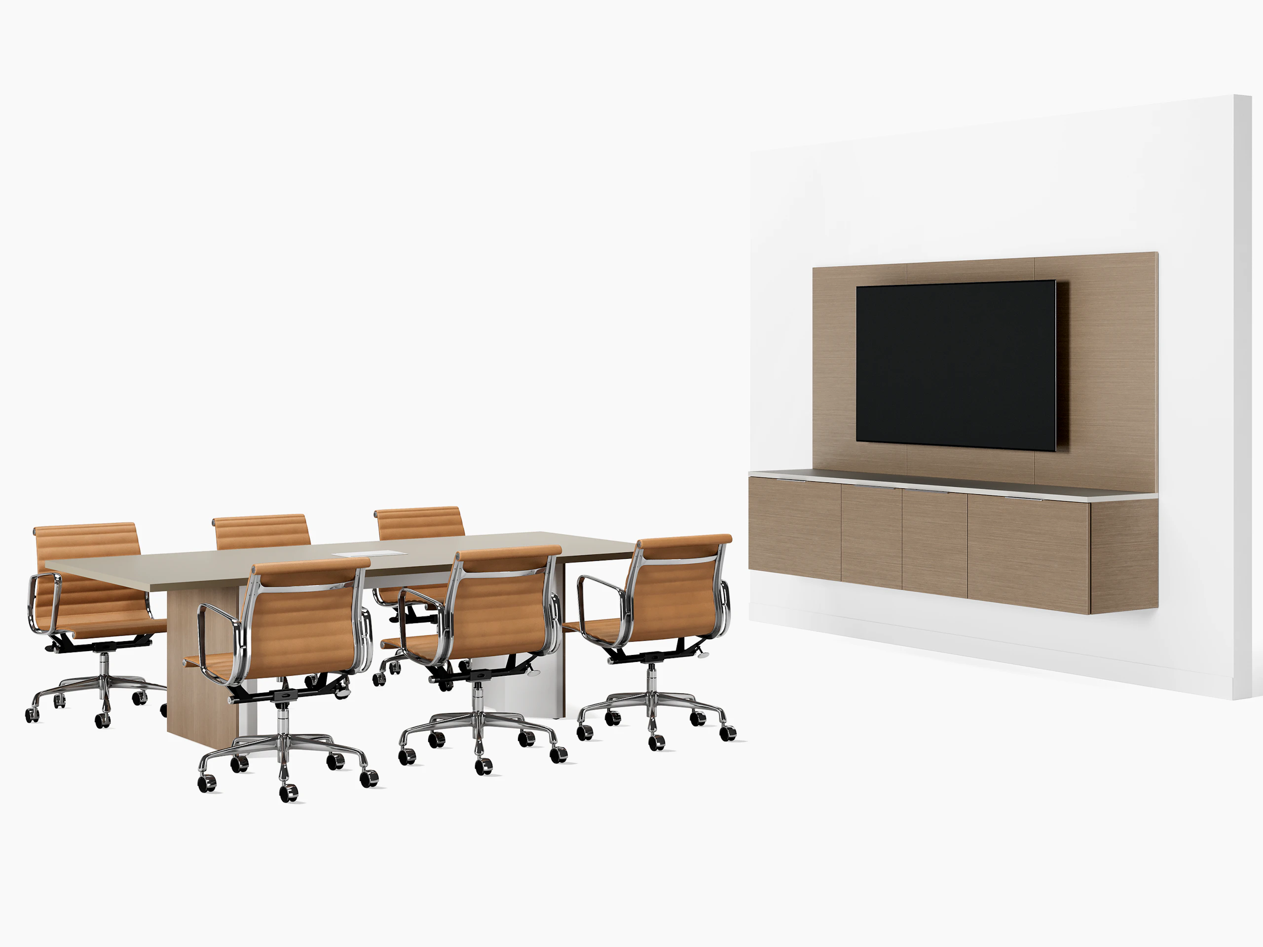 Mora System in a conference room paired with Headway Conference Table and Eames Aluminum Group Chairs.