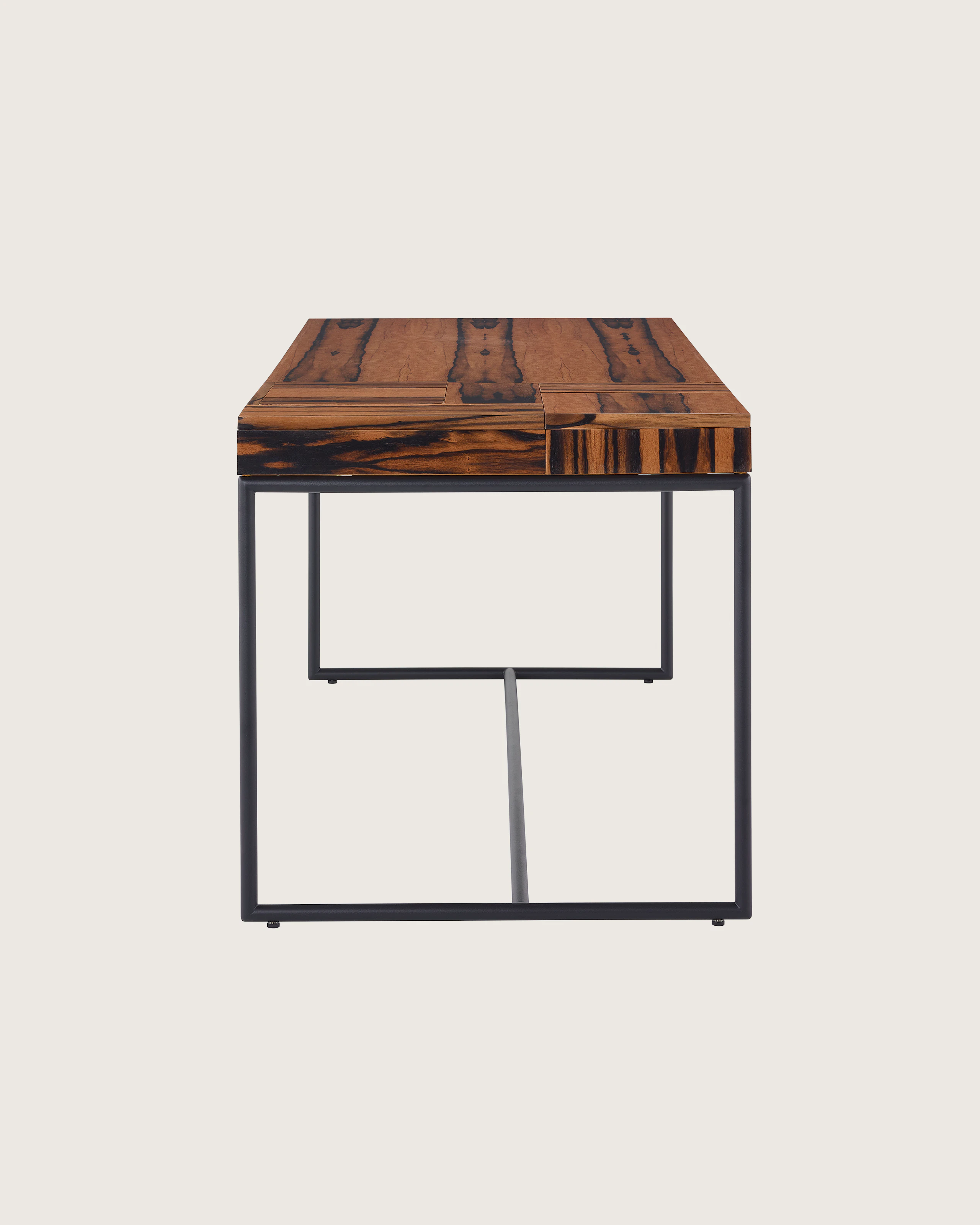 A Domino Desk with wood top and metal base.
