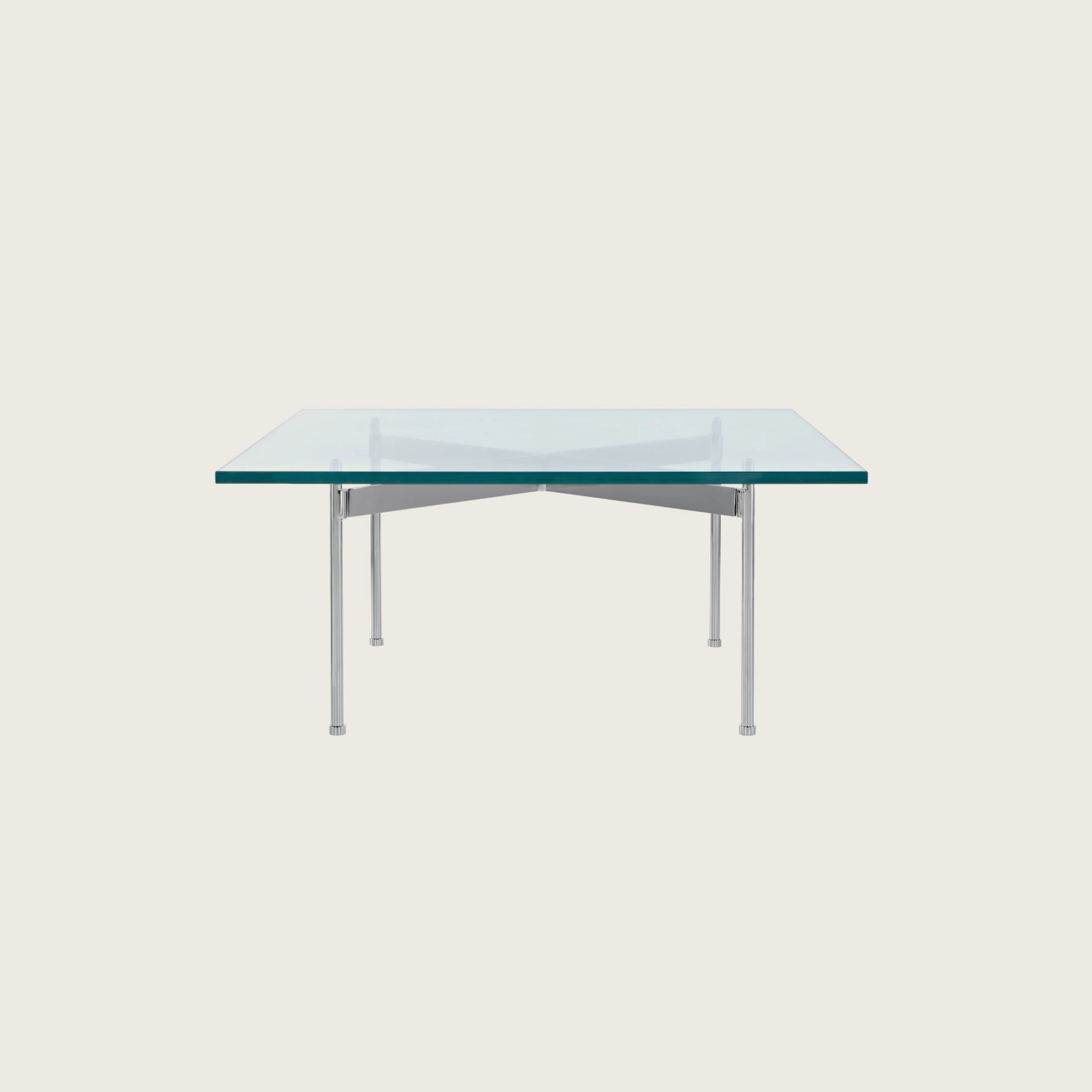 A square Claw occasional table with a glass top, metal cross brace, and four legs, viewed from the front.