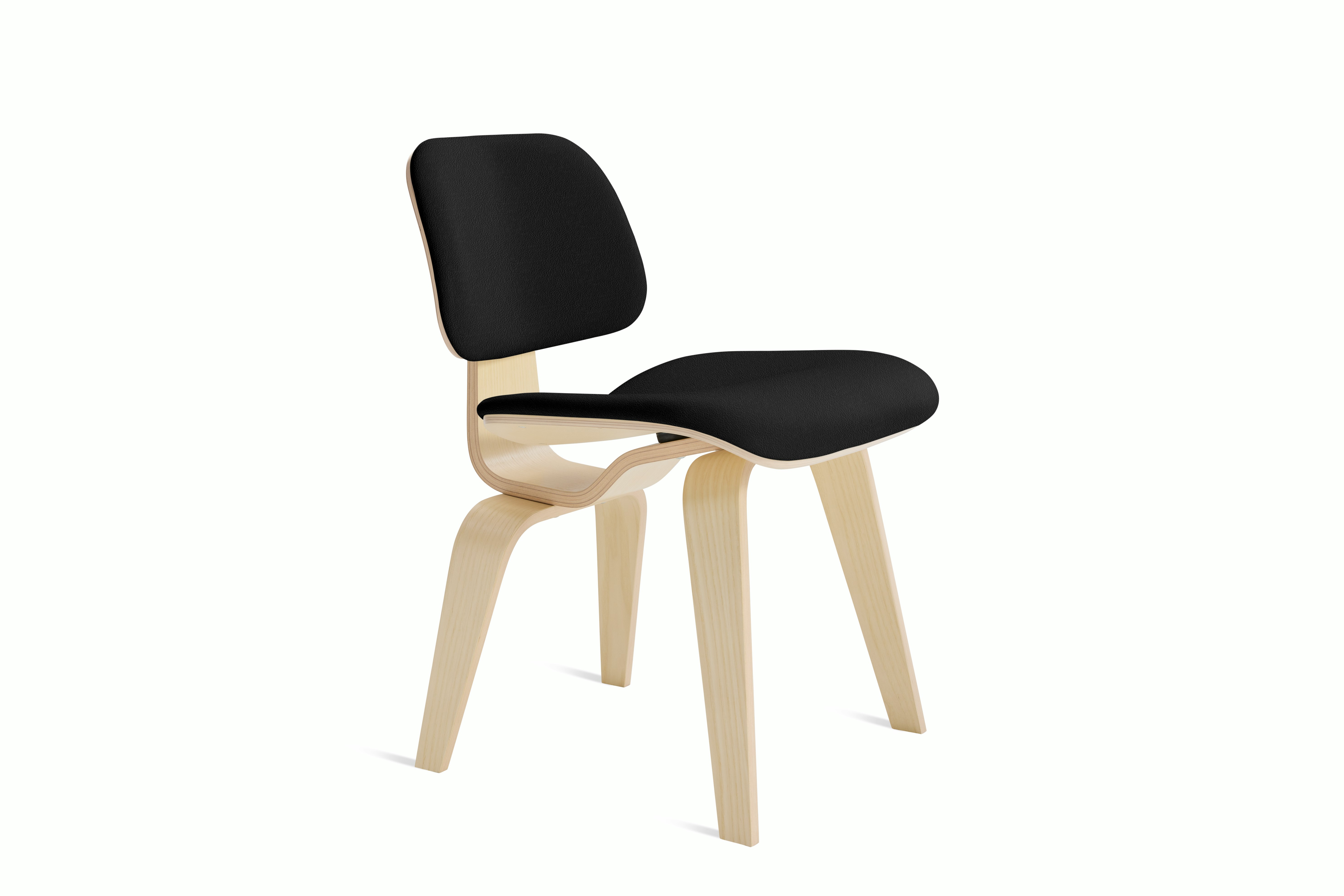 Eames Molded Plywood Dining Chair Wood Base (DCW) in White Ash,  Prone Leather,  Obsidian