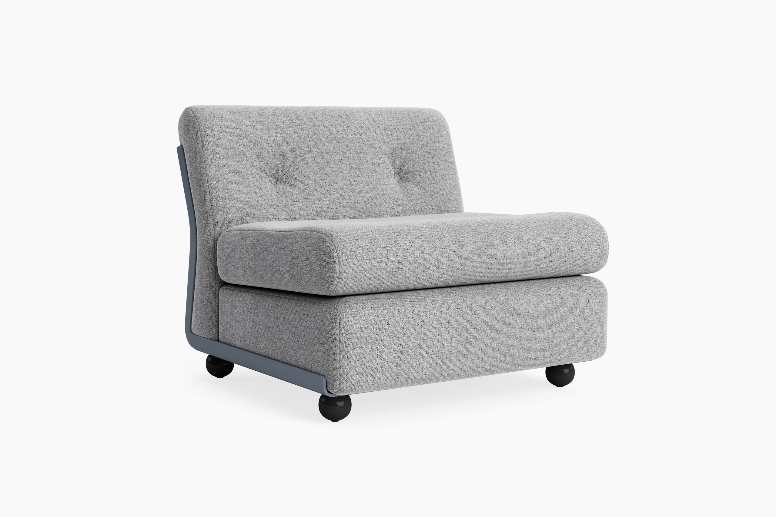 Single-seat gray upholstered Amanta sofa with sculpted back and black base, angled left.
