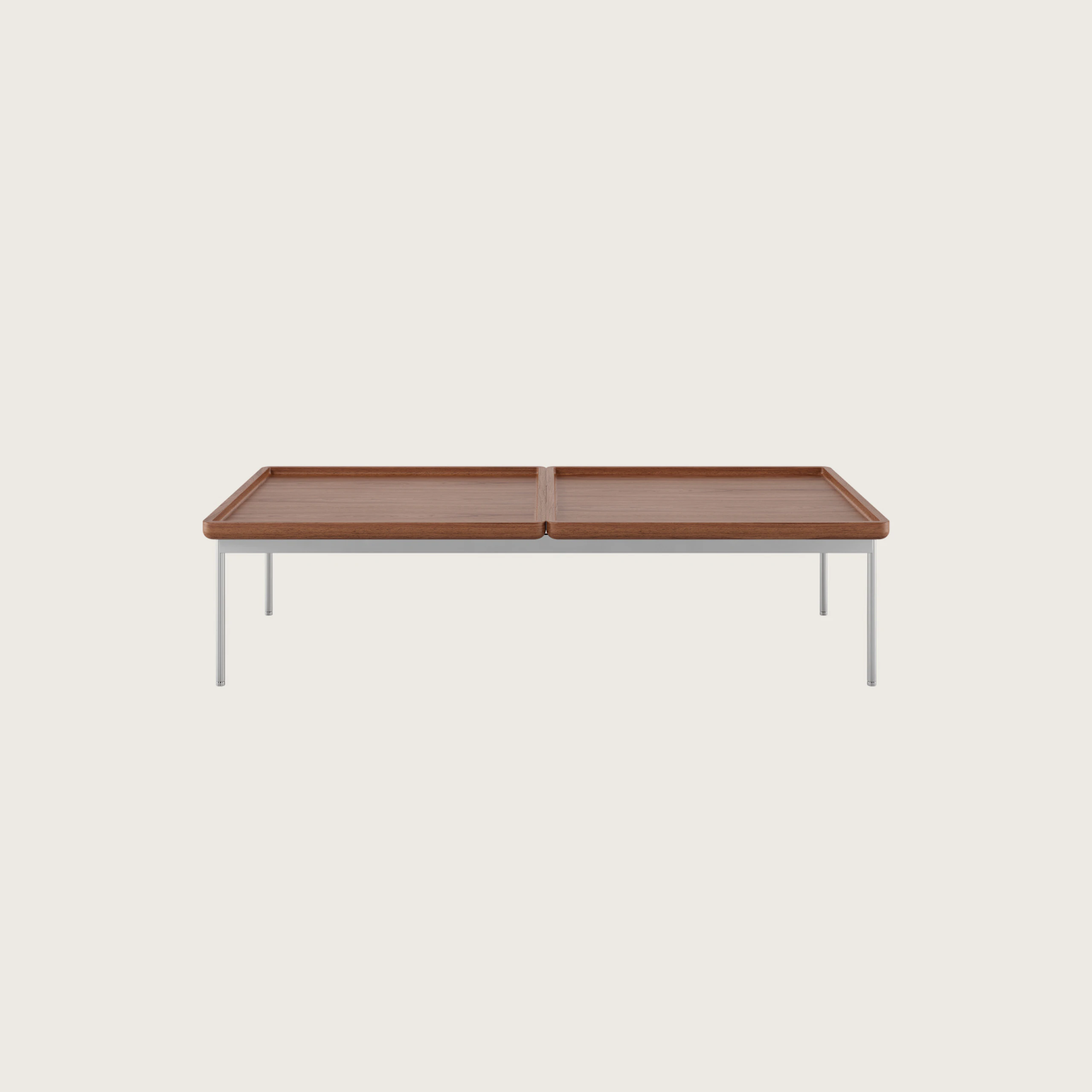 28 x 56 inch Tuxedo Table in walnut with a Chrome frame viewed from the front.