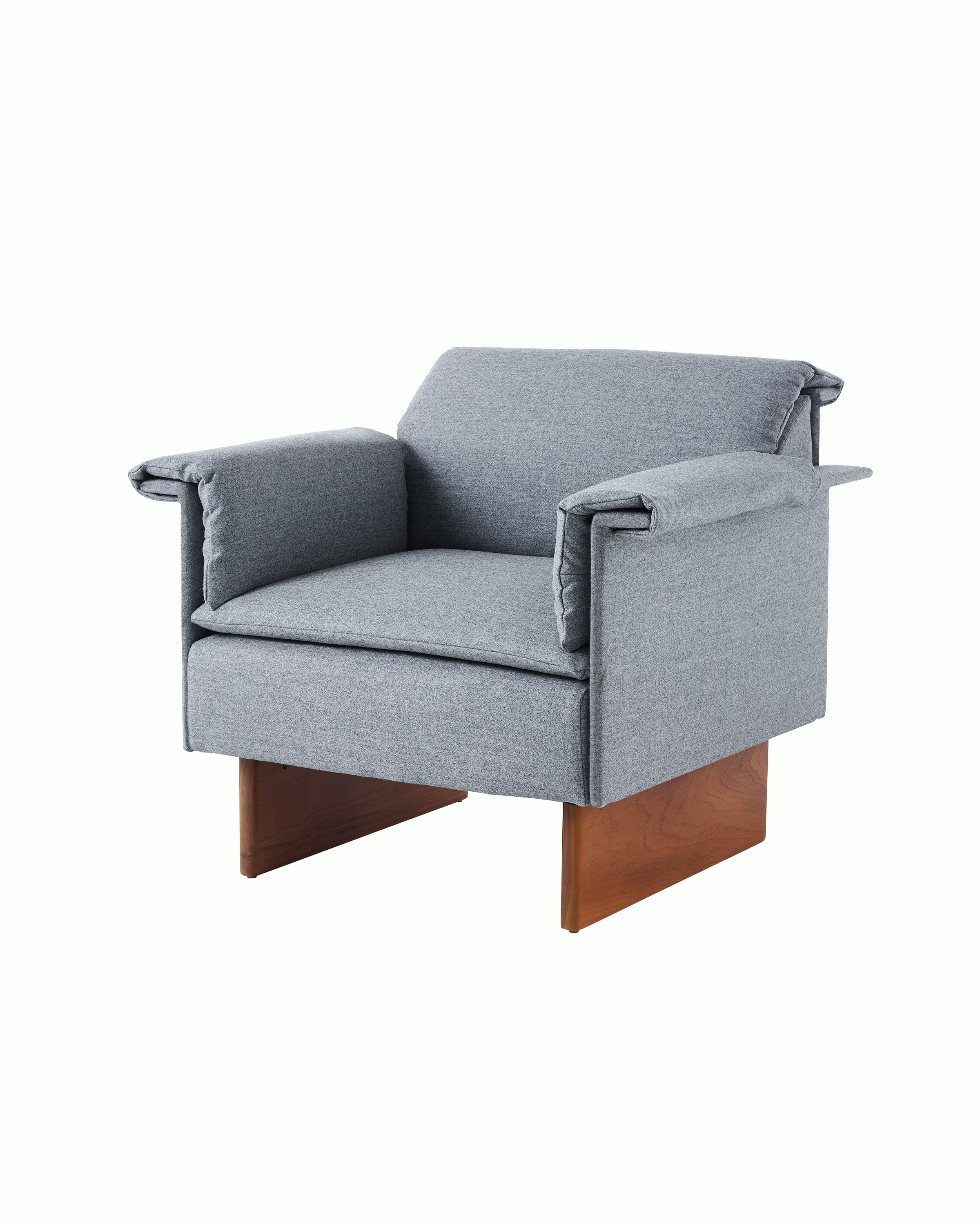 Mantle Club Chair in Panno di Dulce Flannel with a Walnut Base, viewed at an angle.