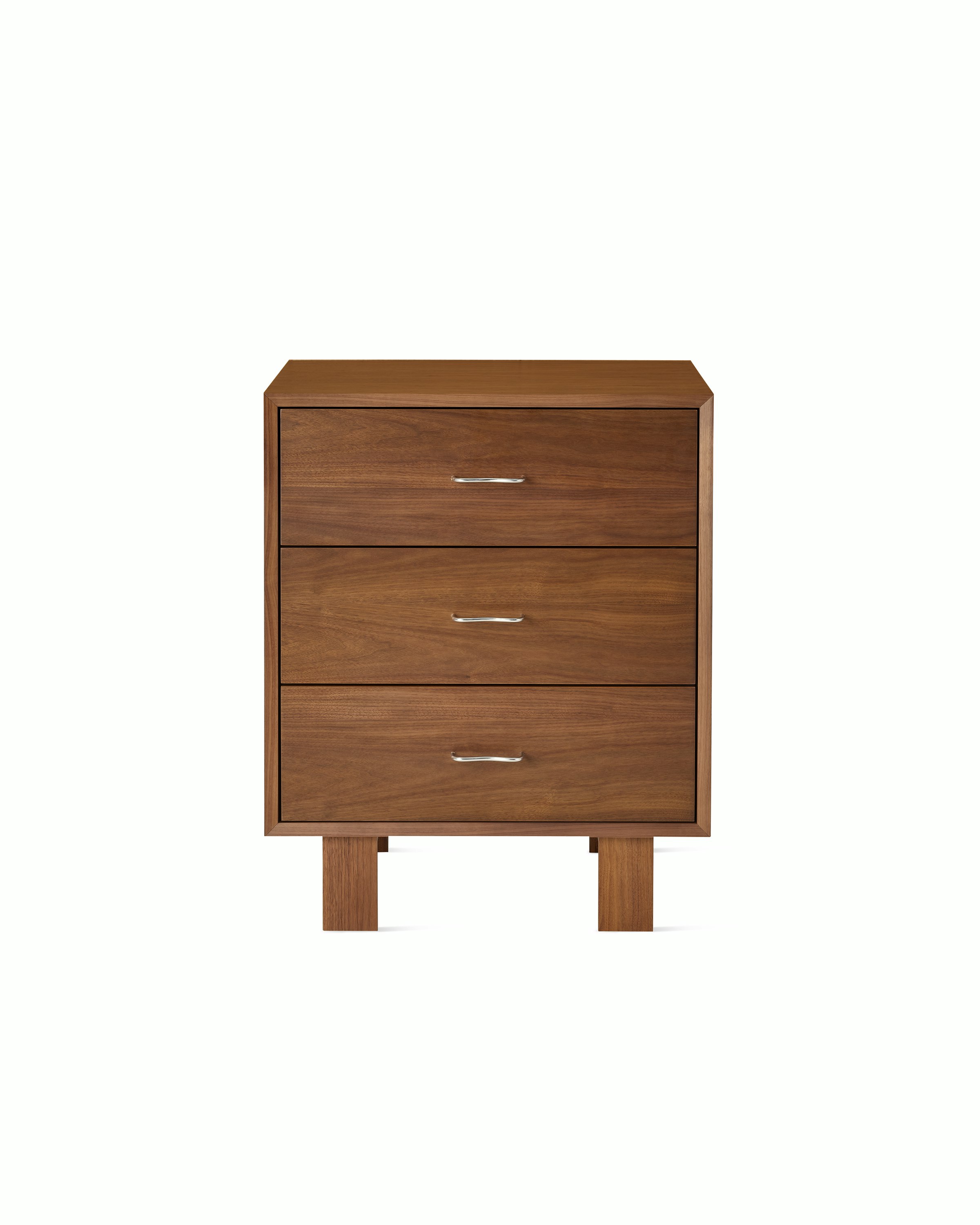 Nelson Basic Cabinet Series 3 drawer cabinet, standard square legs, wavy pulls, in walnut.