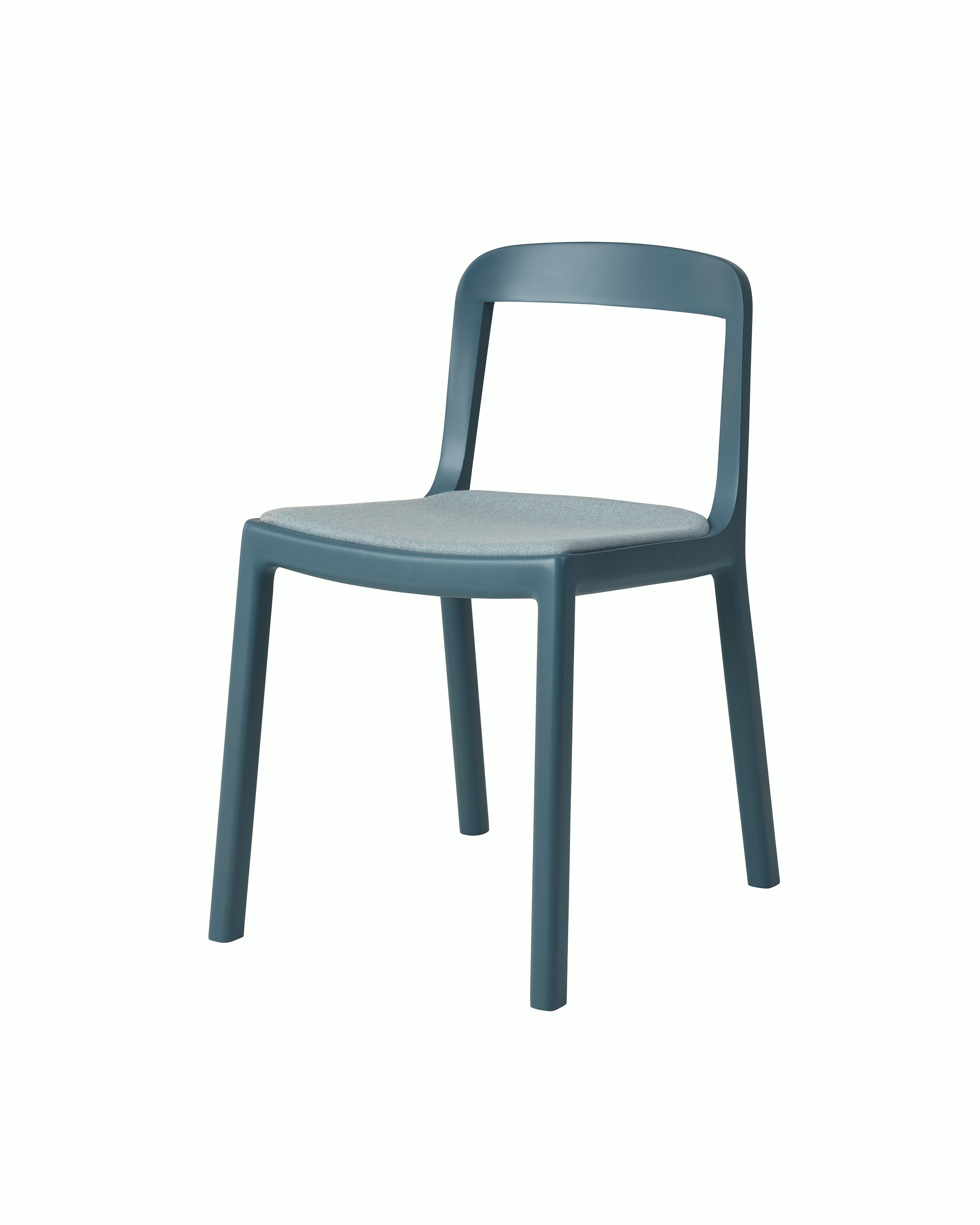 Lijn Side Chair by Carole Baijings for Geiger in Nordic Blue frame with Maharam Luce Brine upholstery, angled front view on a white sweep.