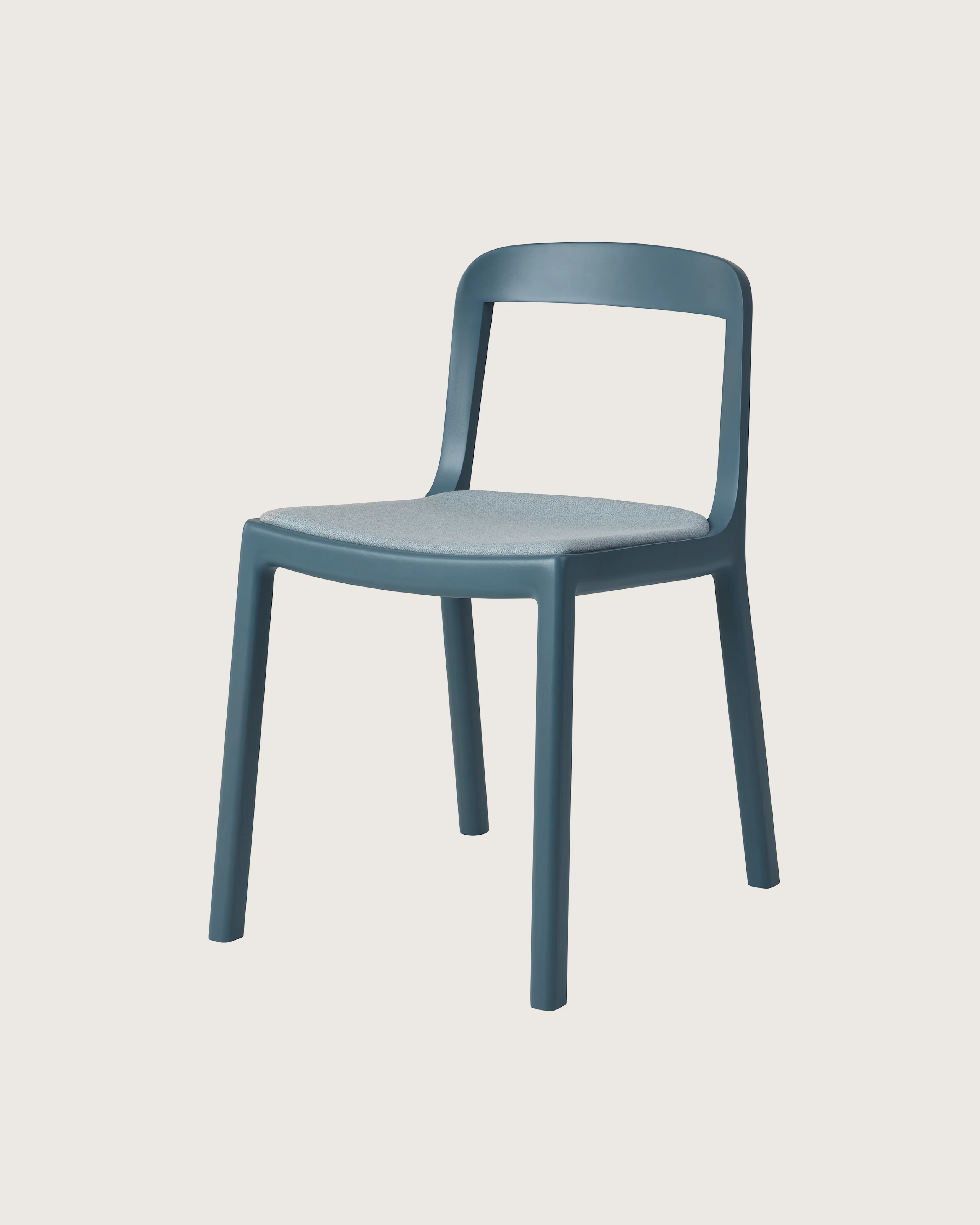 Lijn Side Chair by Carole Baijings for Geiger in Nordic Blue frame with Maharam Luce Brine upholstery, angled front view on a white sweep.