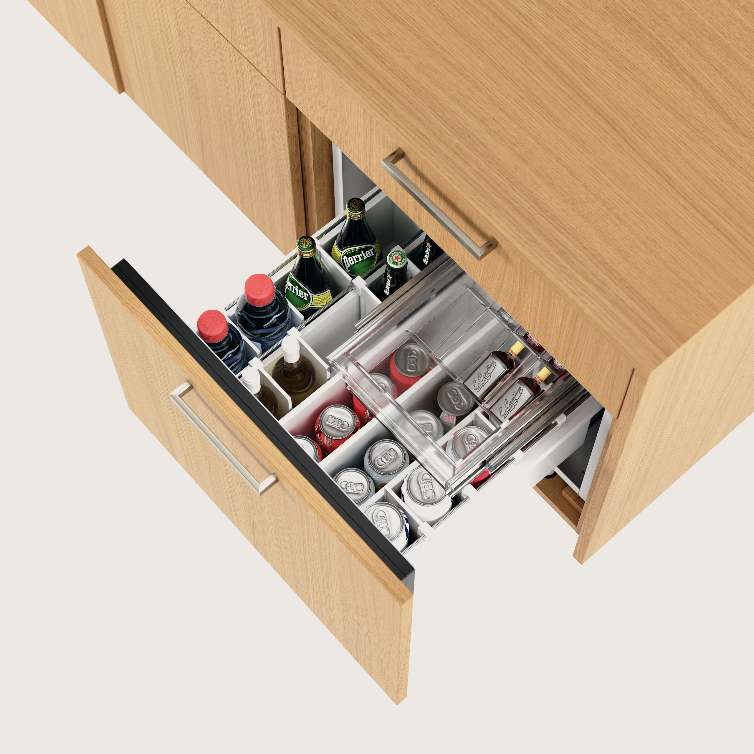 Detail shot of a fridge drawer in a JD Credenza in Natural Rift Cut Oak with Satin Nickel drawer pulls.