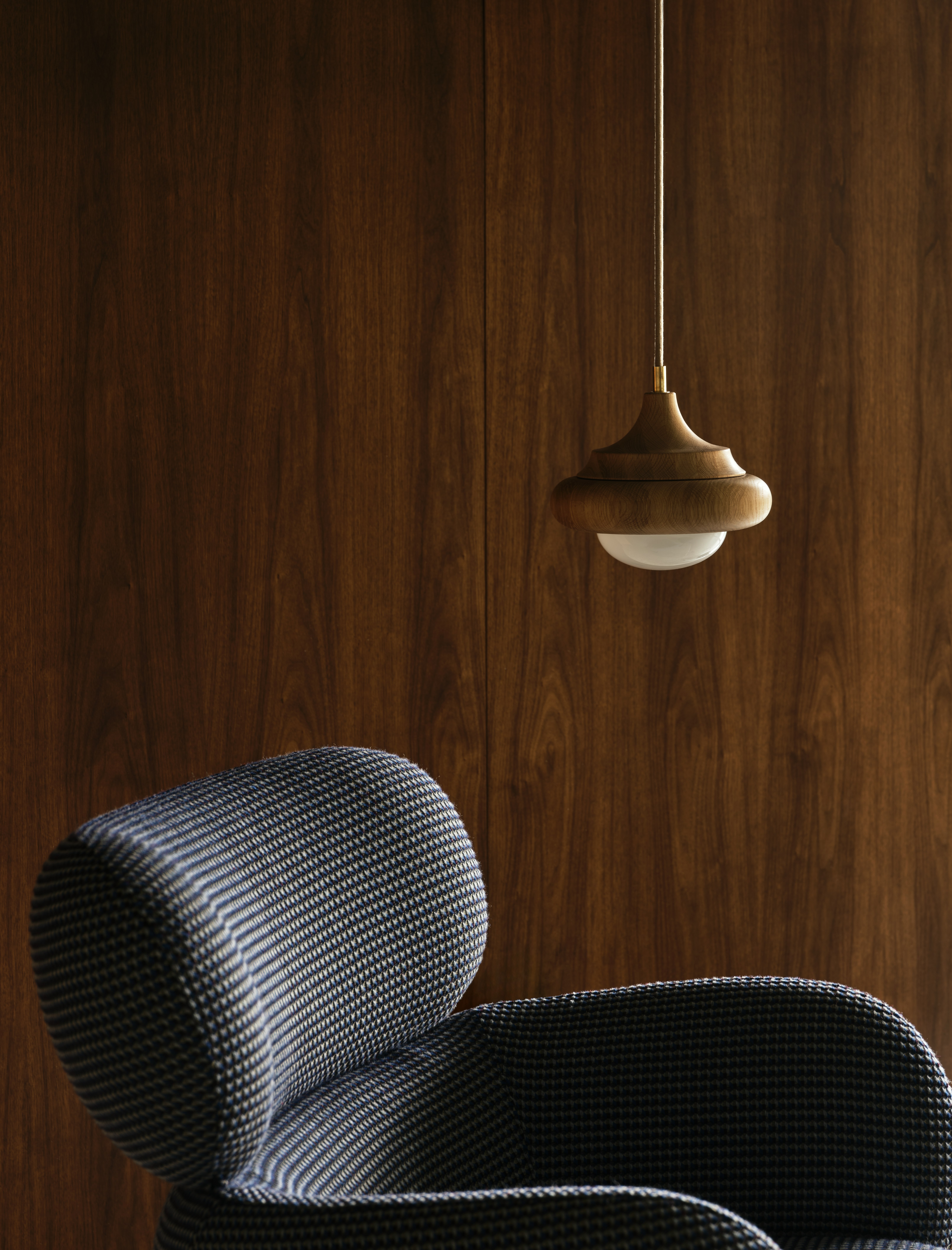 Blis Swivel Chair in Oxbow Trope detail and Humboldt Pendant
