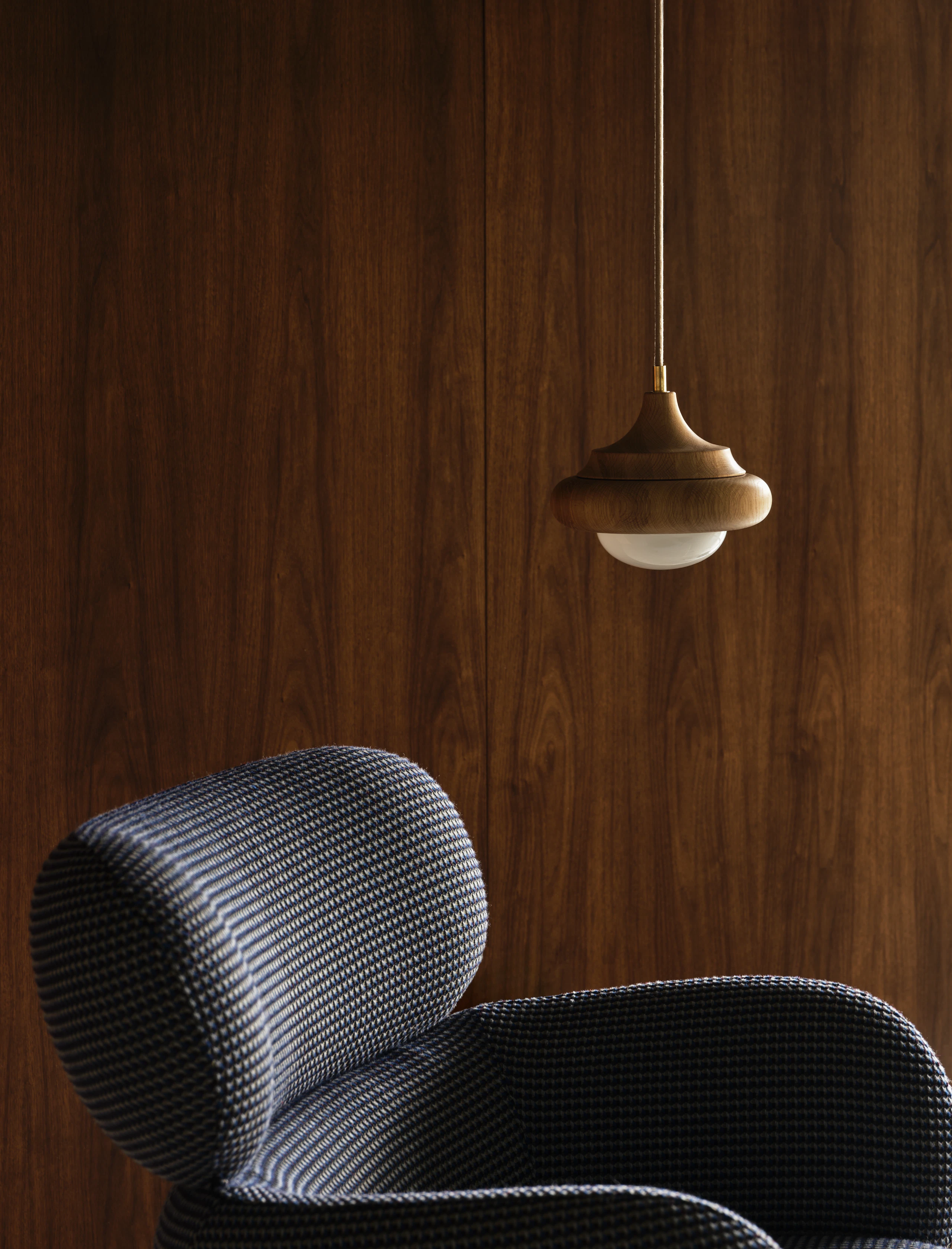 Blis Swivel Chair in Oxbow Trope detail and Humboldt Pendant