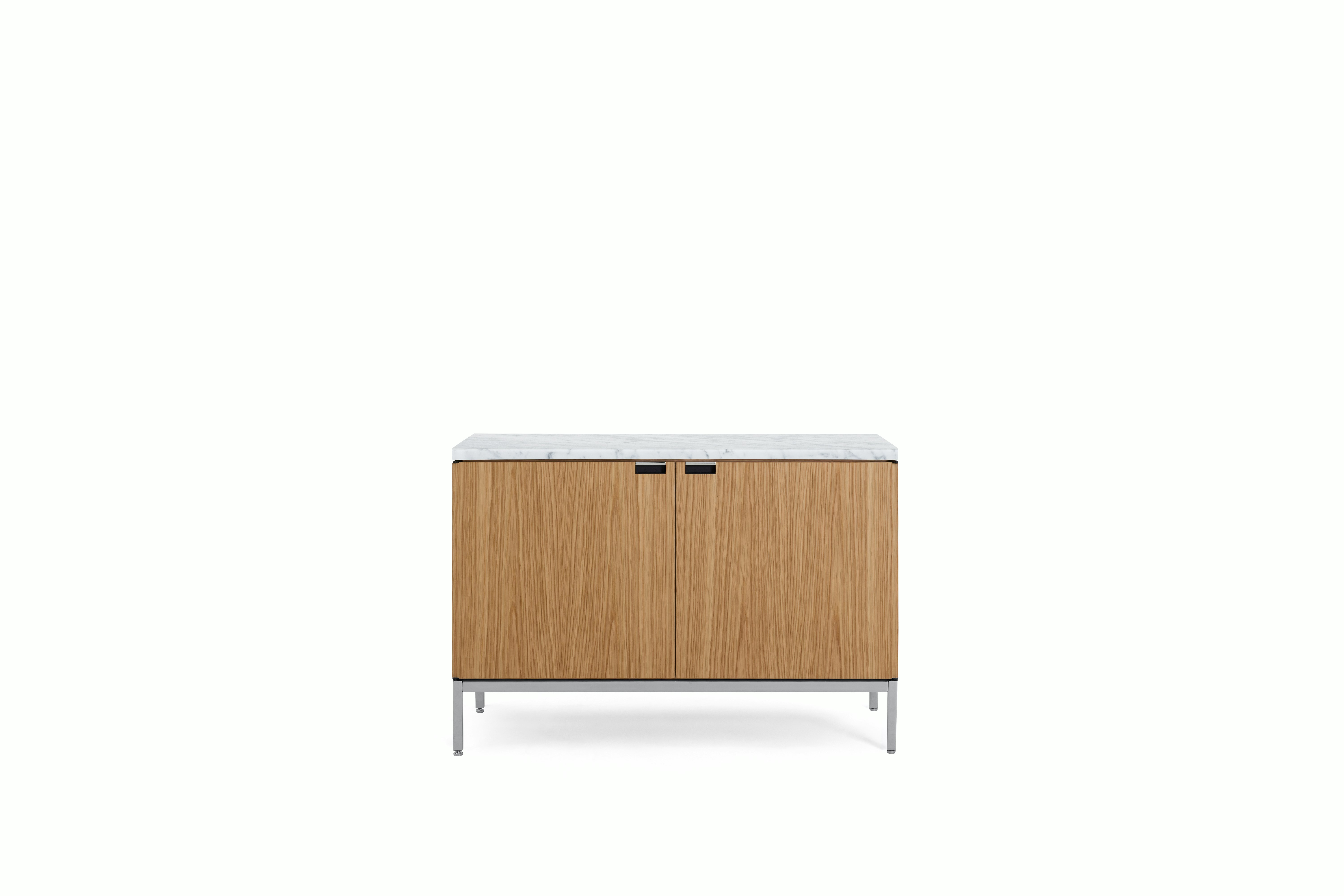 A Florence Knoll Credenza in Small, Oak, Polished Coated Marble, Carrara viewed from the front.