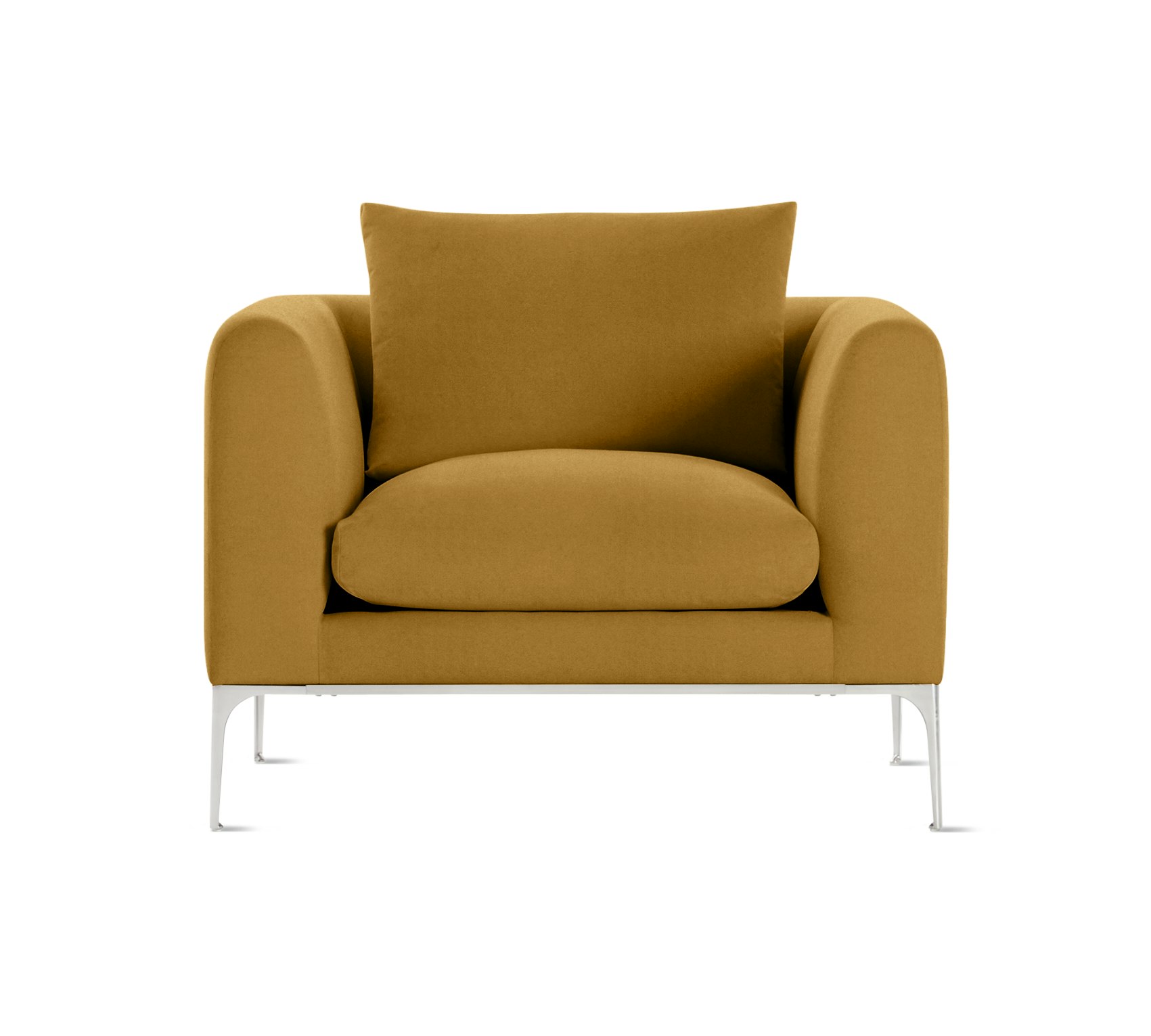 A Jonas Armchair in Metaphor, Centerstage with Aluminum finish viewed from the front.