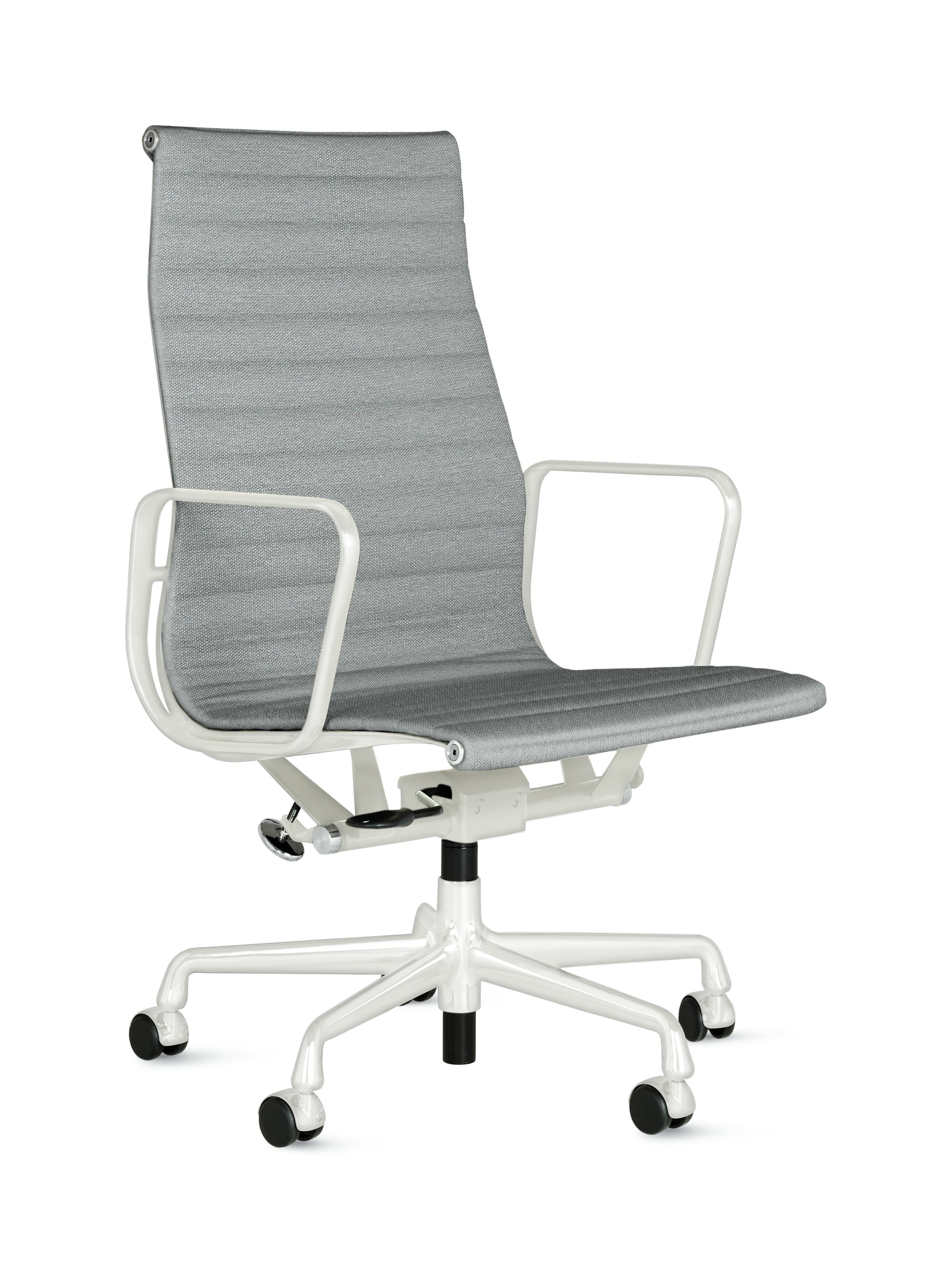 A Eames Aluminum Group Chairs in powder and white viewed from an angle.