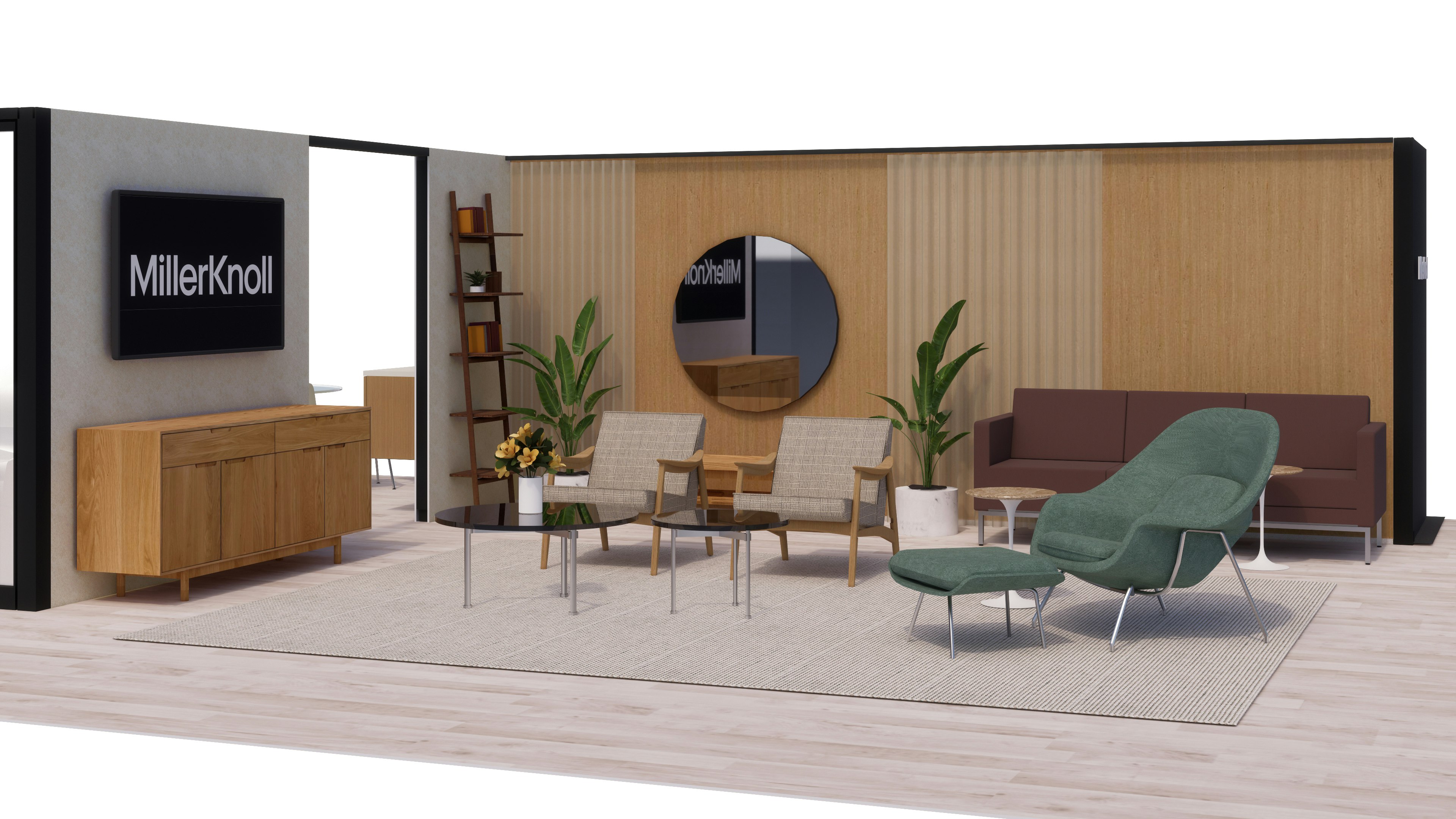 3D rendering of a boutique waiting area furnished with a green Knoll Womb Chair, Saarinen Side Tables, and a variety of seating from the MillerKnoll collective of brands.