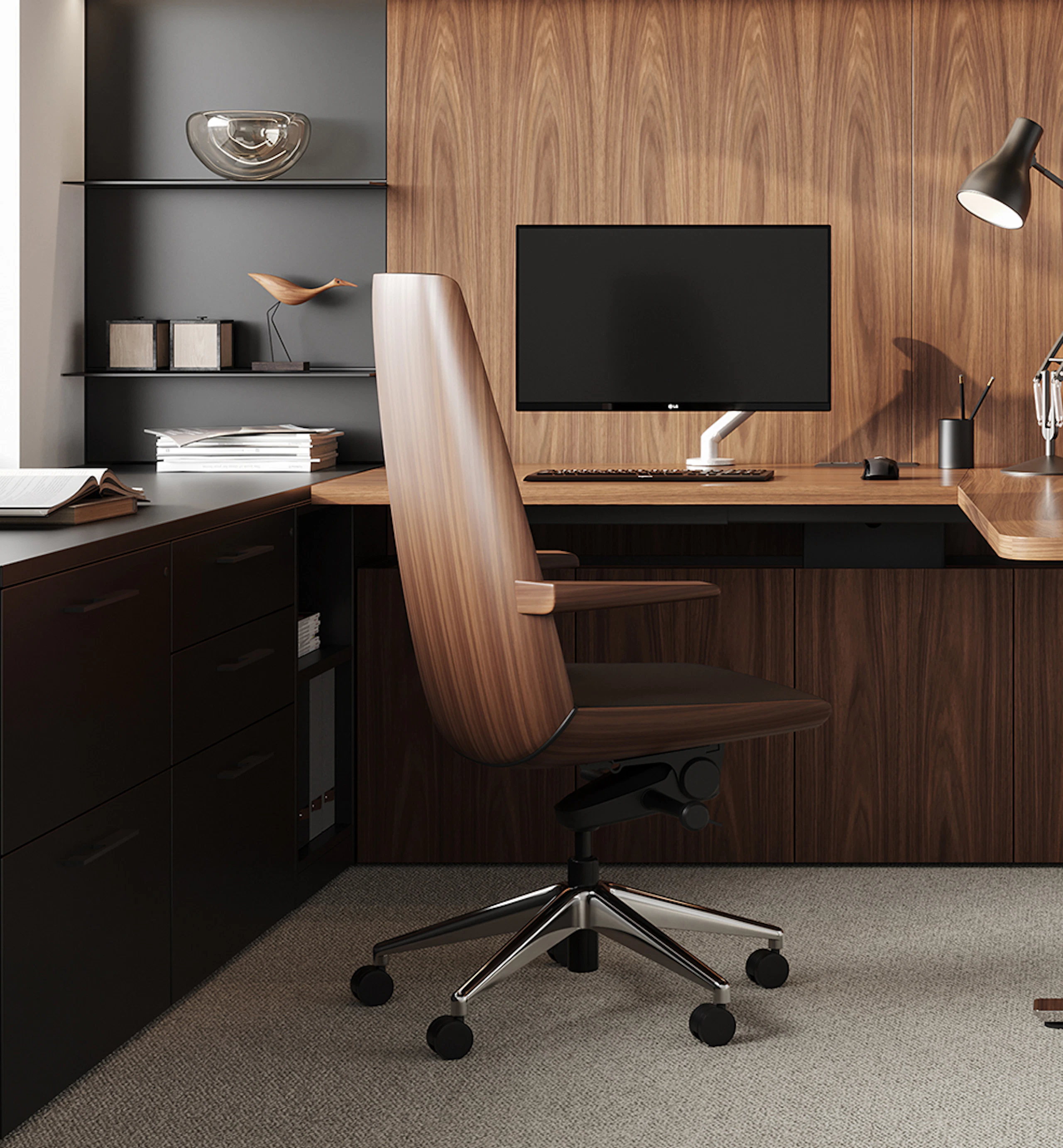 Geiger One Private Office, Rendering PO2, in Natural Walnut with Clamshell Chair and Tuxedo benching.