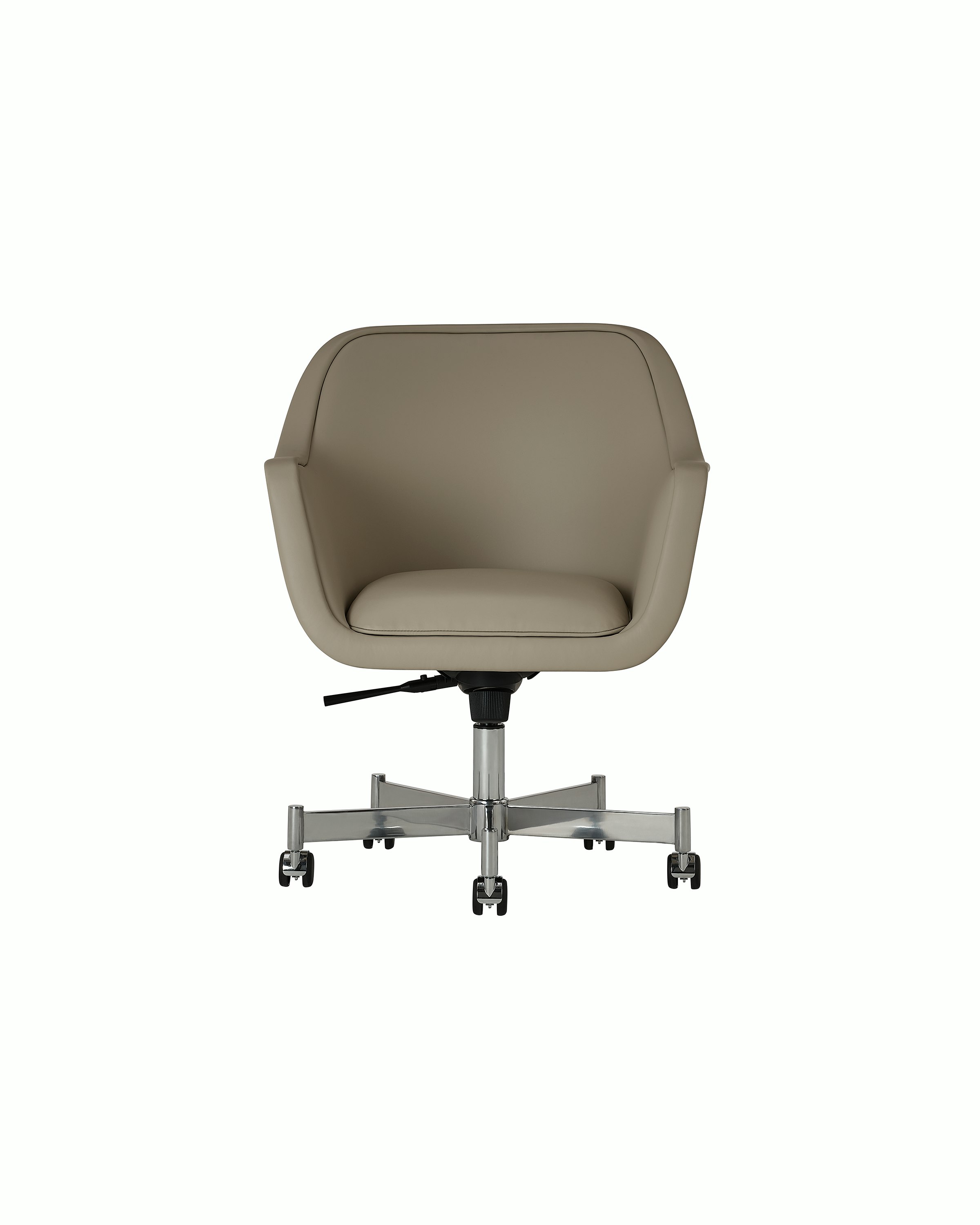 Bumper Conference Chair designed by Ward Bennett upholstered in Pace Leather in Reflection with a polished chrome base, shown front-facing on a white sweep.