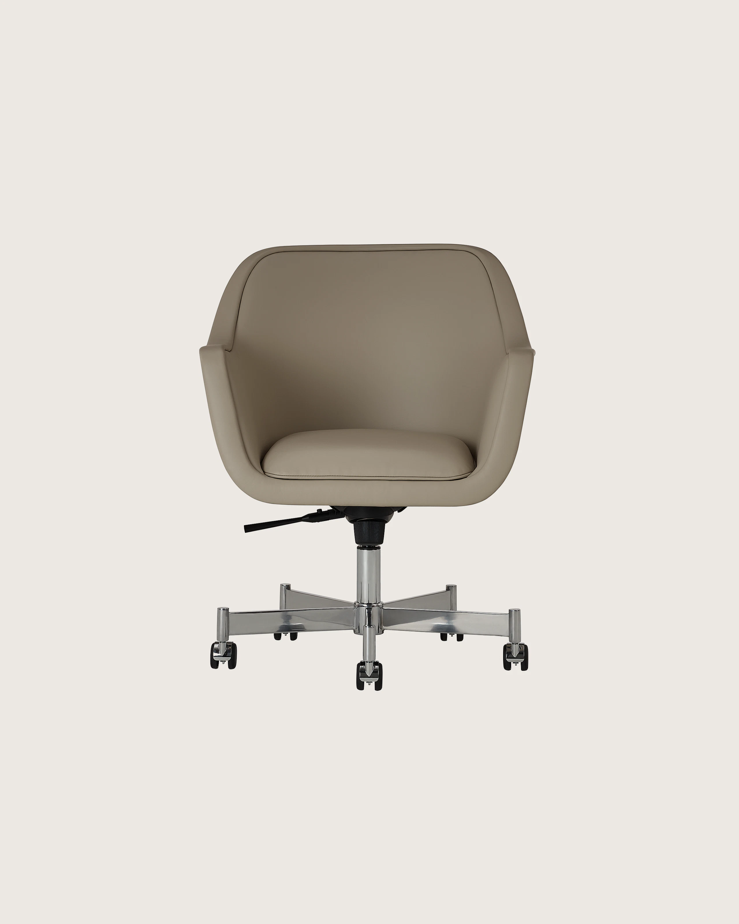 Bumper Conference Chair designed by Ward Bennett upholstered in Pace Leather in Reflection with a polished chrome base, shown front-facing on a white sweep.