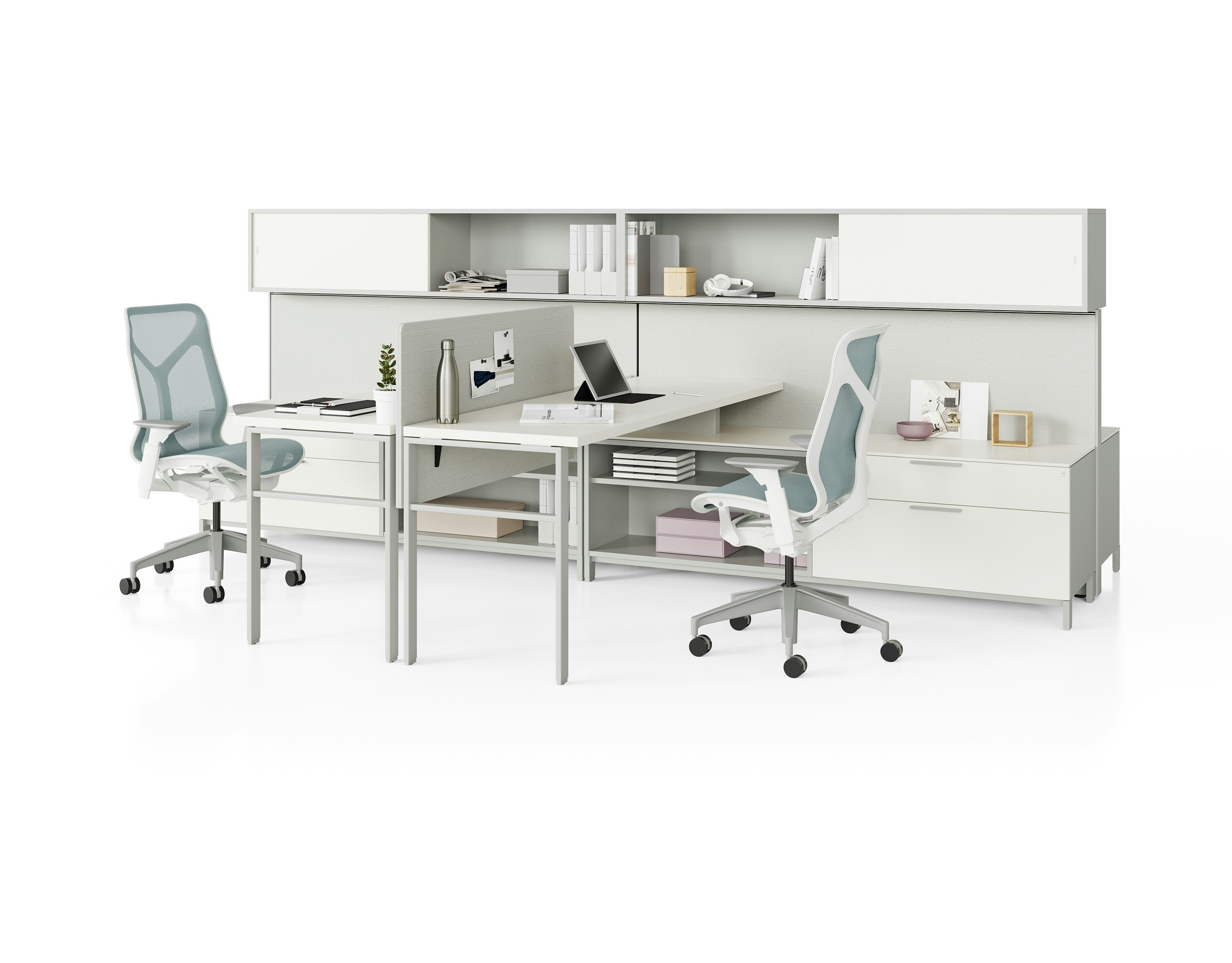 Two grey Canvas Wall workstations with white storage, surfaces, grey screens, and light blue Cosm Chairs.