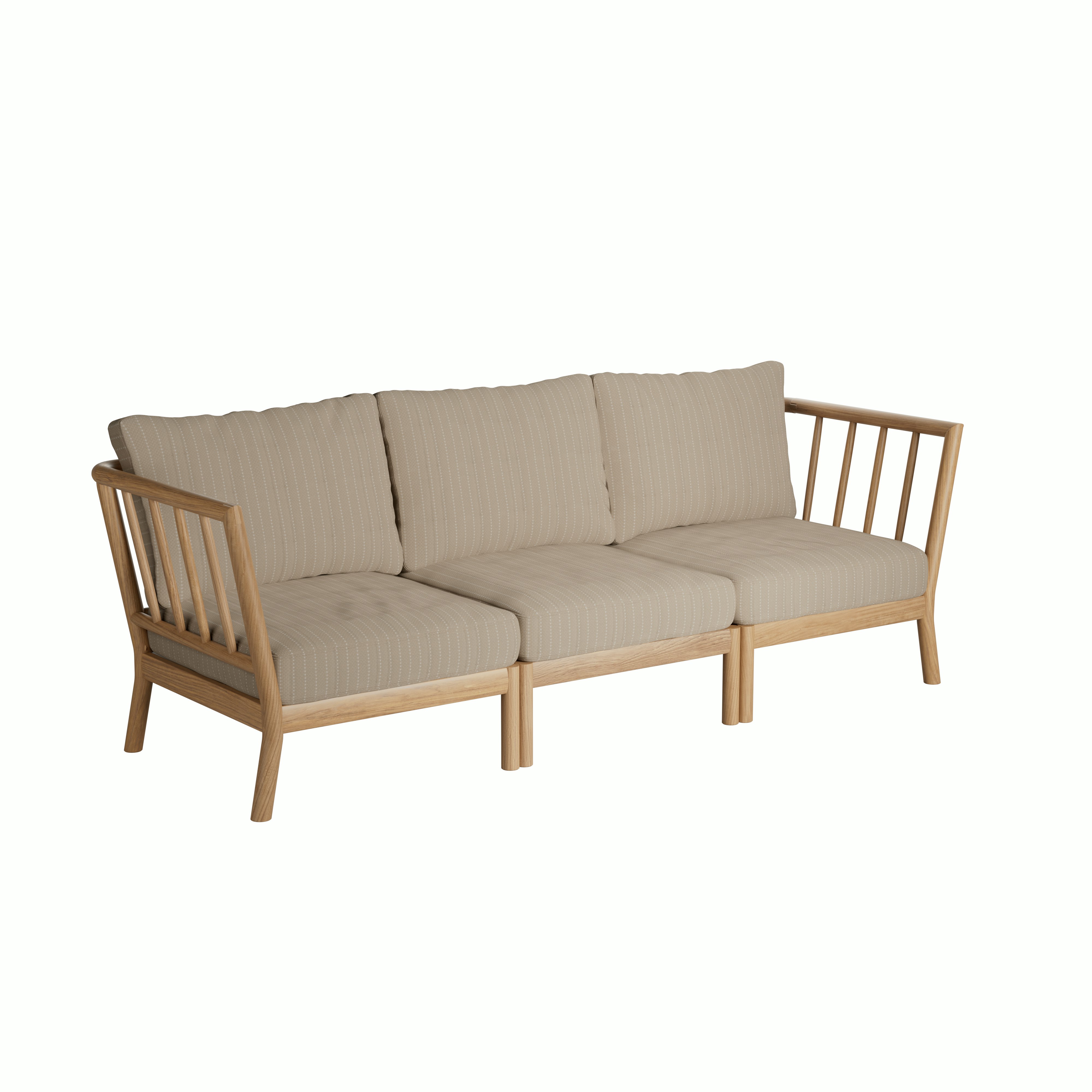A Tradition Outdoor Three Seater Sofa in Sand viewed from an angle.