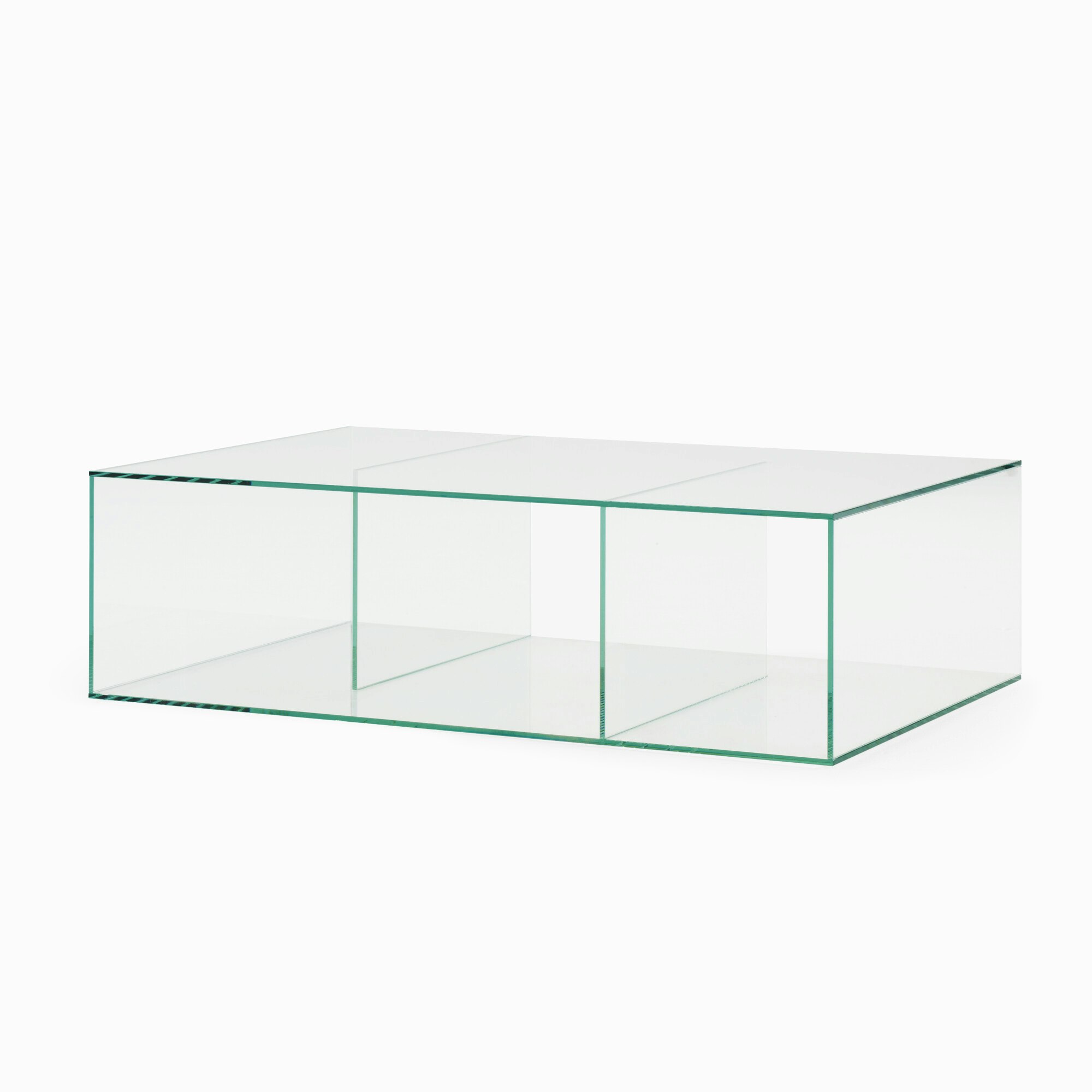 A Saldo Low Table in Glass viewed from an angle