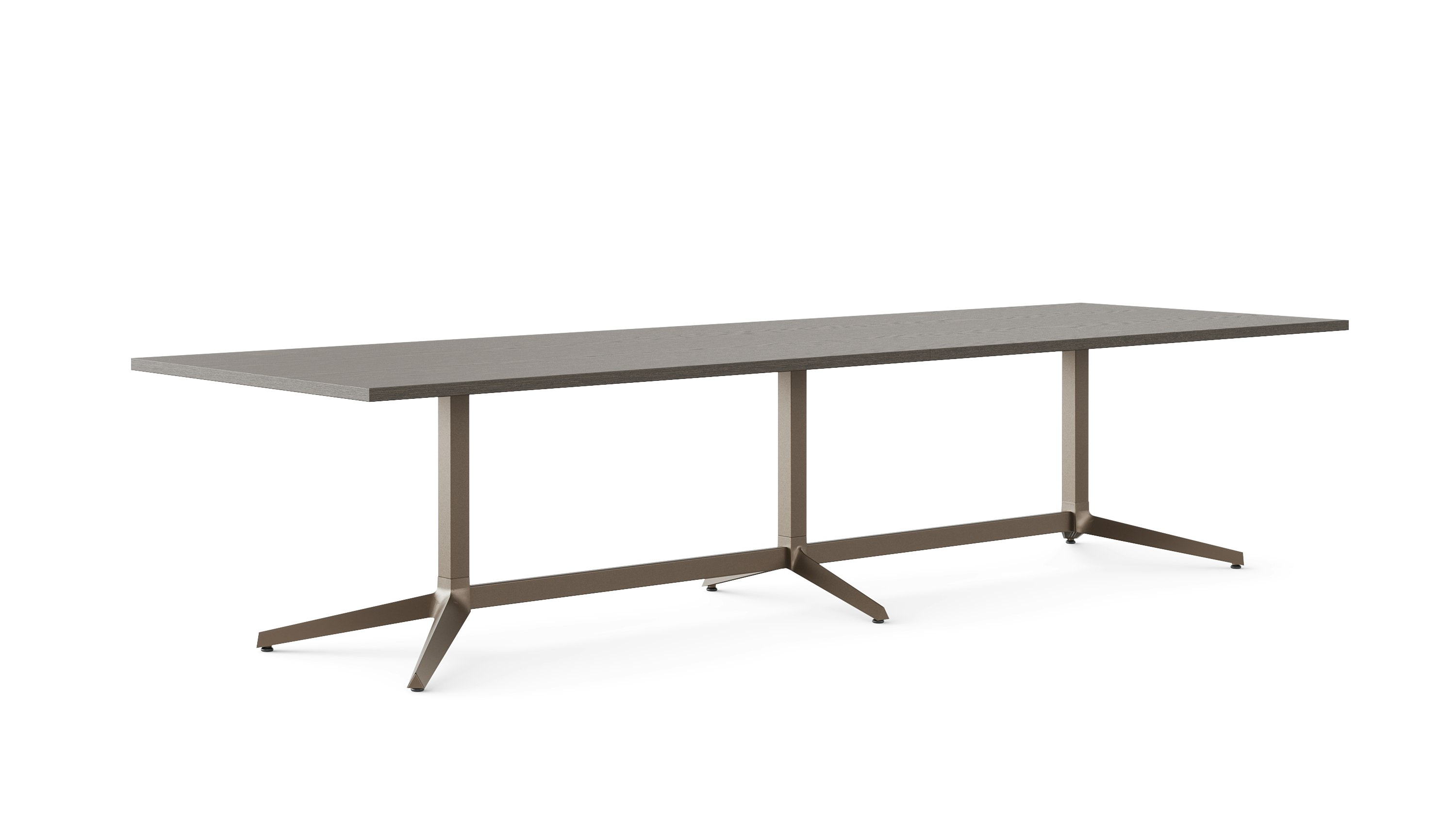 A long rectangular meeting table is shown at an angle in dark finishes.