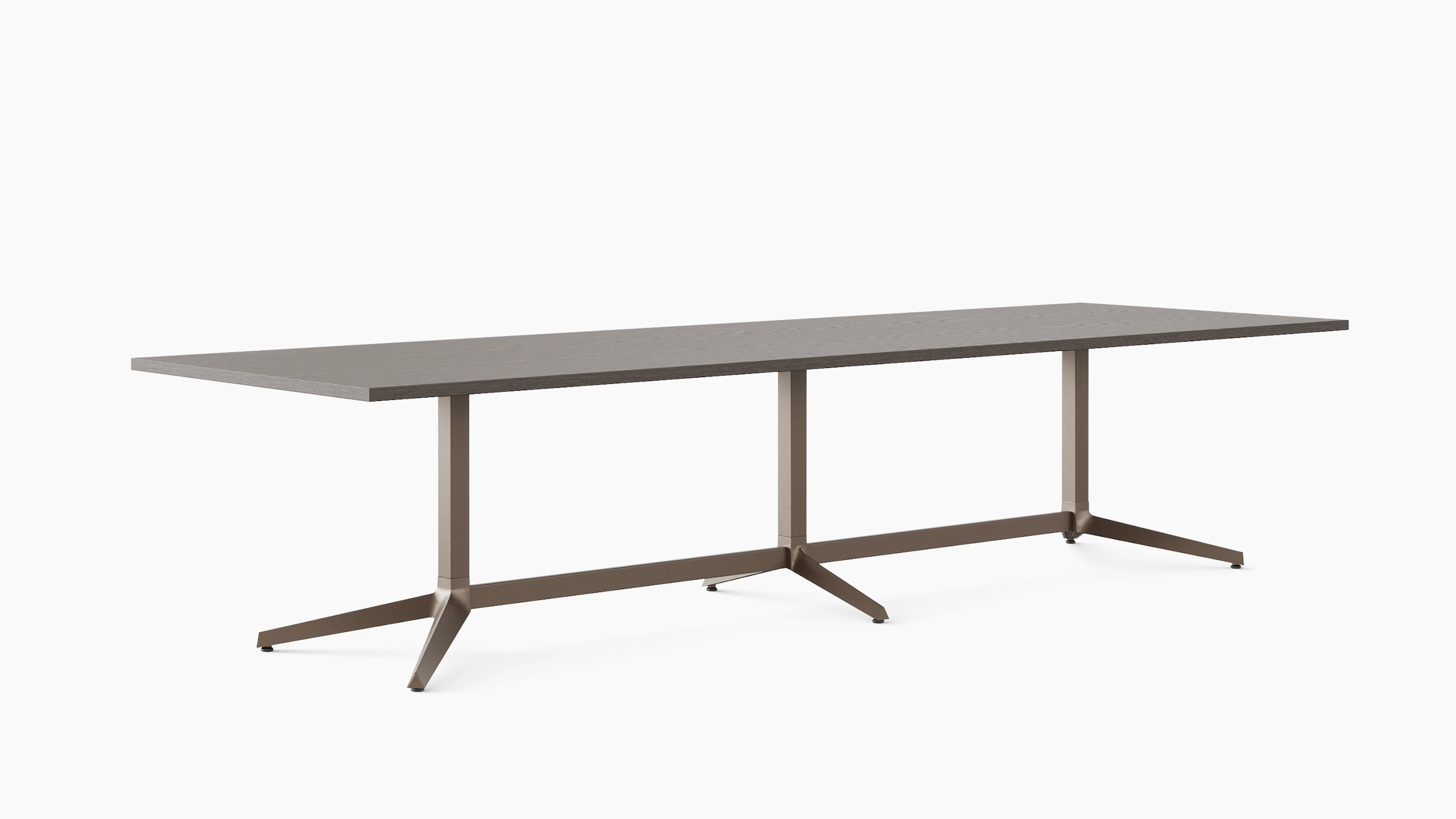 A long rectangular meeting table is shown at an angle in dark finishes.