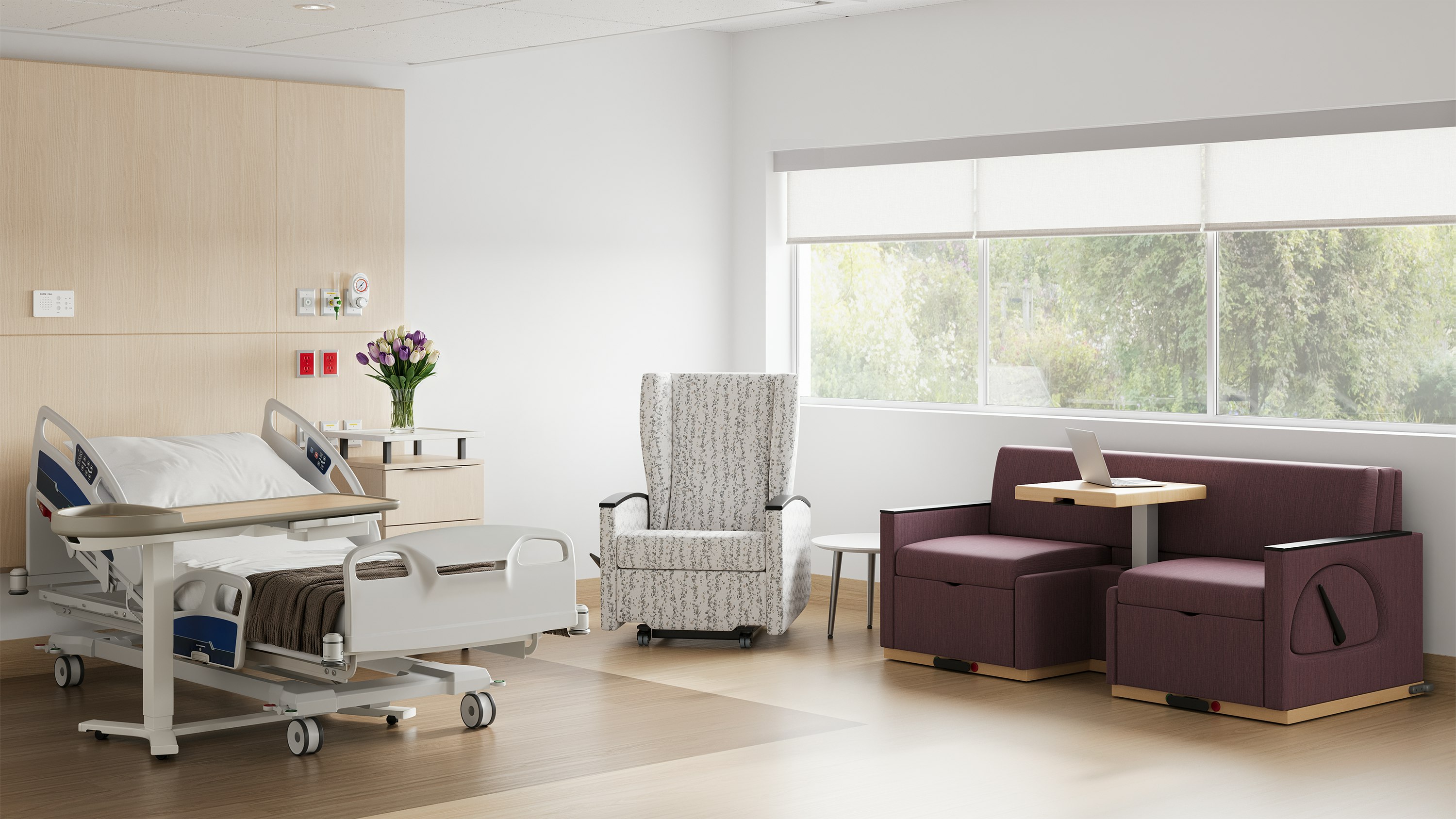 Premium private patient room in hospital with Culla Recliner and Merge II Flop Sofa
