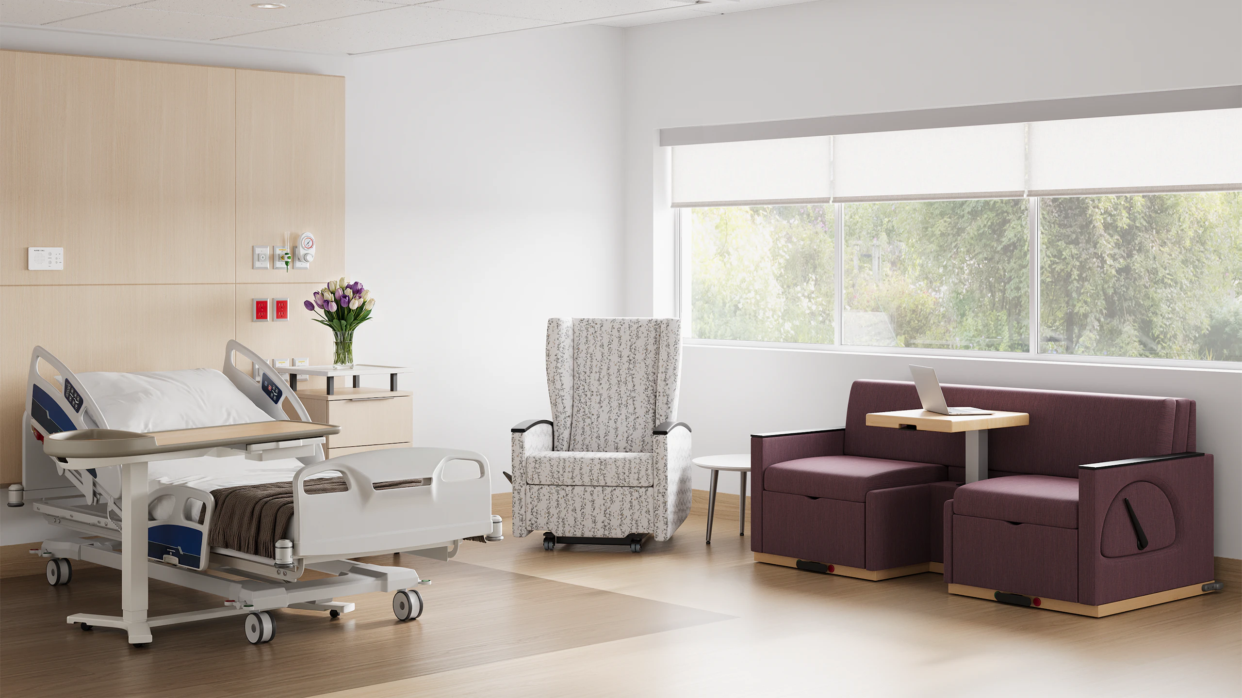 Premium private patient room in hospital with Culla Recliner and Merge II Flop Sofa