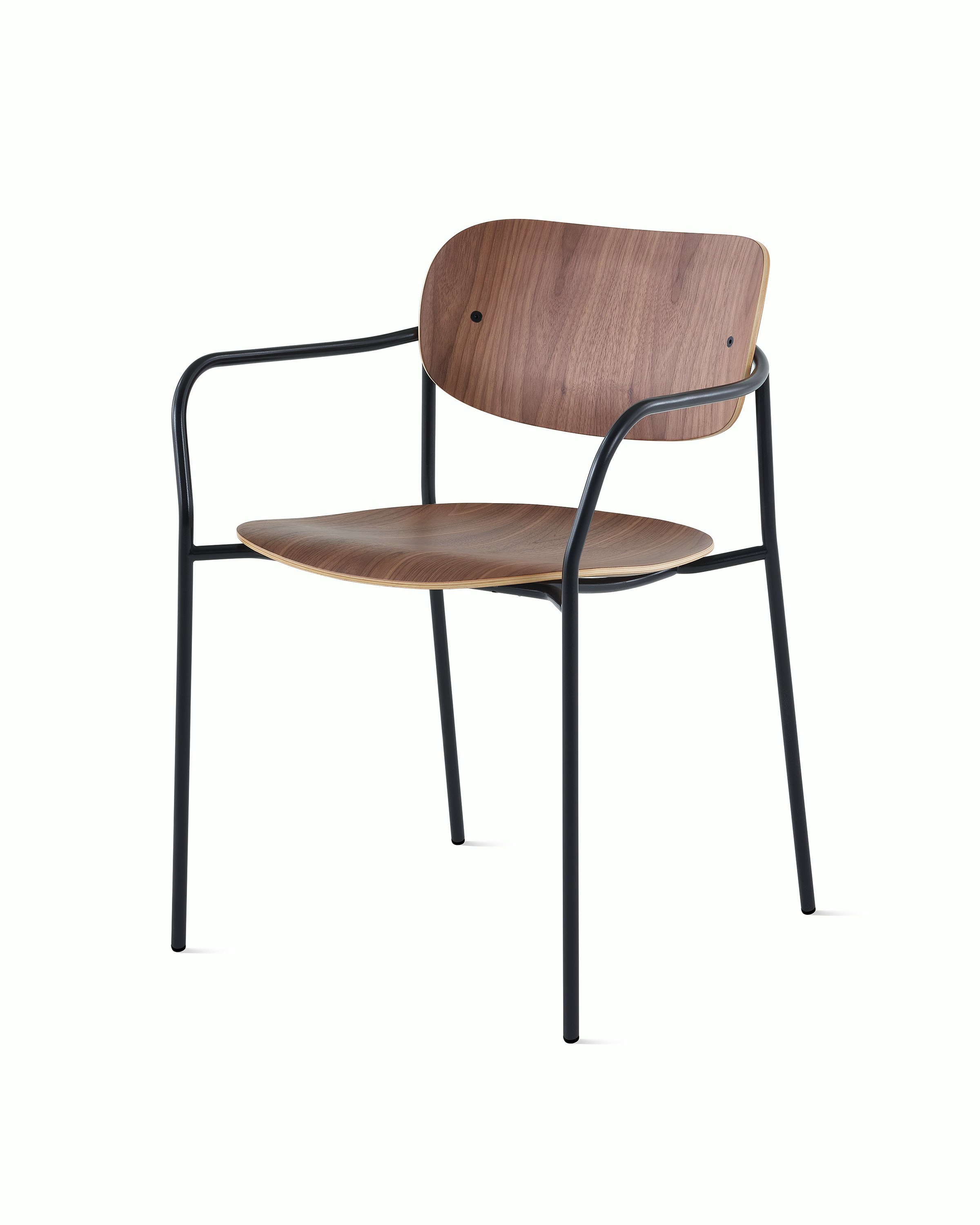 Portrait Chair with Walnut seat and back, and black frame with arms.