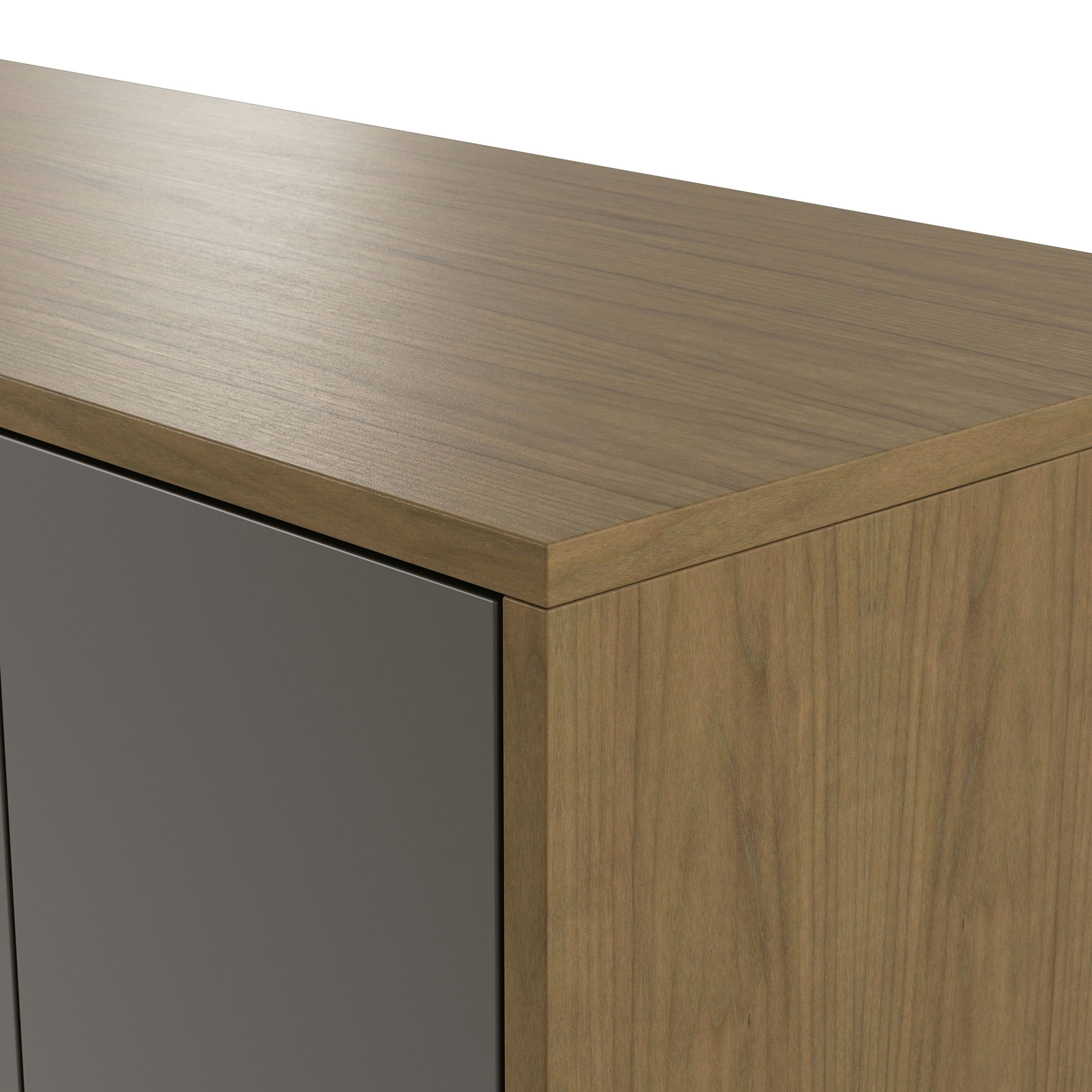 Edge detail shot of Highline Twenty Five Credenza in Natural Flat Cut Walnut with Grey painted front.