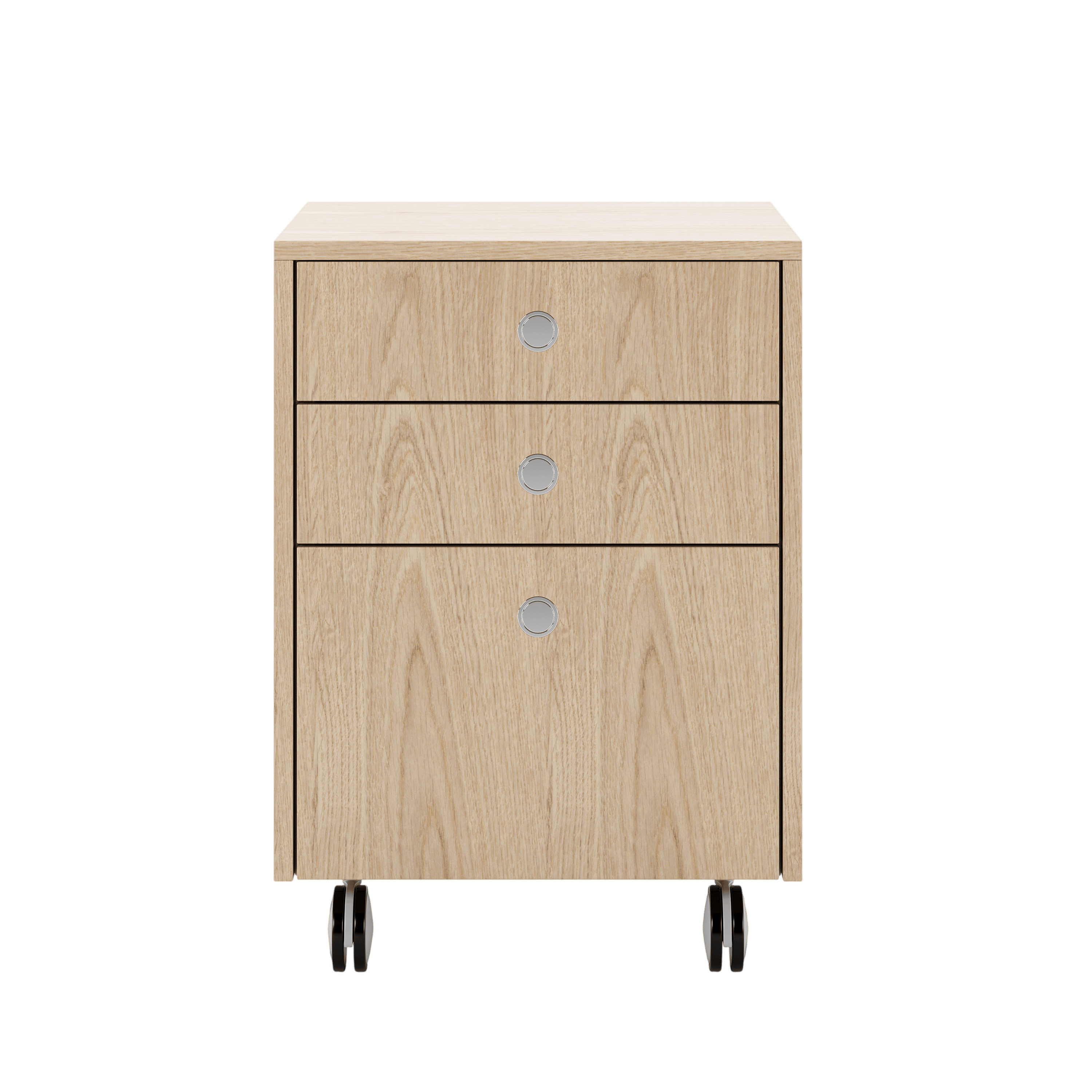 Sled Base Mobile Pedestal in oak with three drawers and chrome pulls on casters viewed from the font.